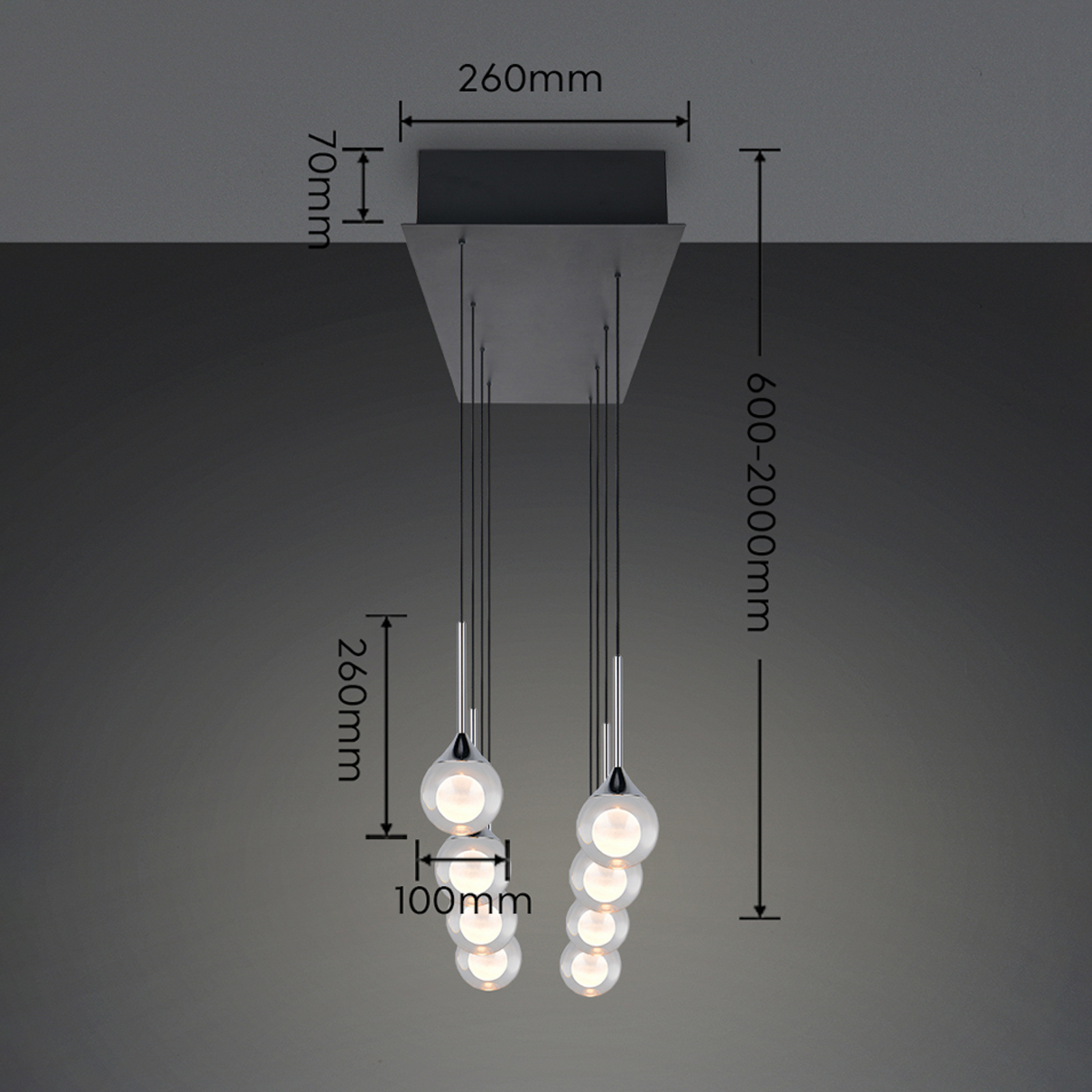 LED piekaramā lampa „Calista“, hromēta, garums 90 cm, metāls/stikls, 8 spuldzes LED piekaramā lampa „Calista“, hromēta, garums 90 cm, metāls/stikls, 8 spuldzes