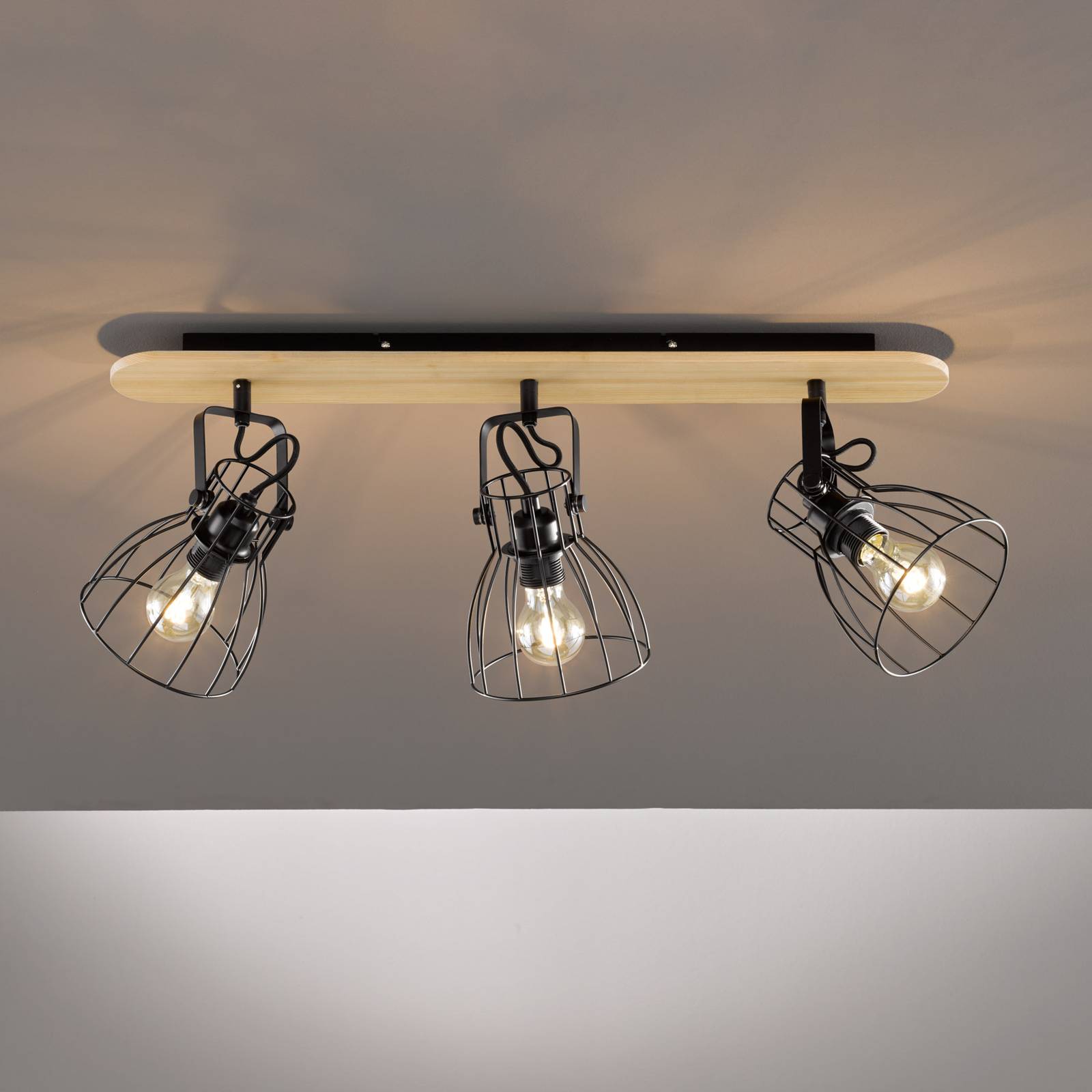 Deckenlampe Die in Holzoptik mit 3 Käfigschirmen