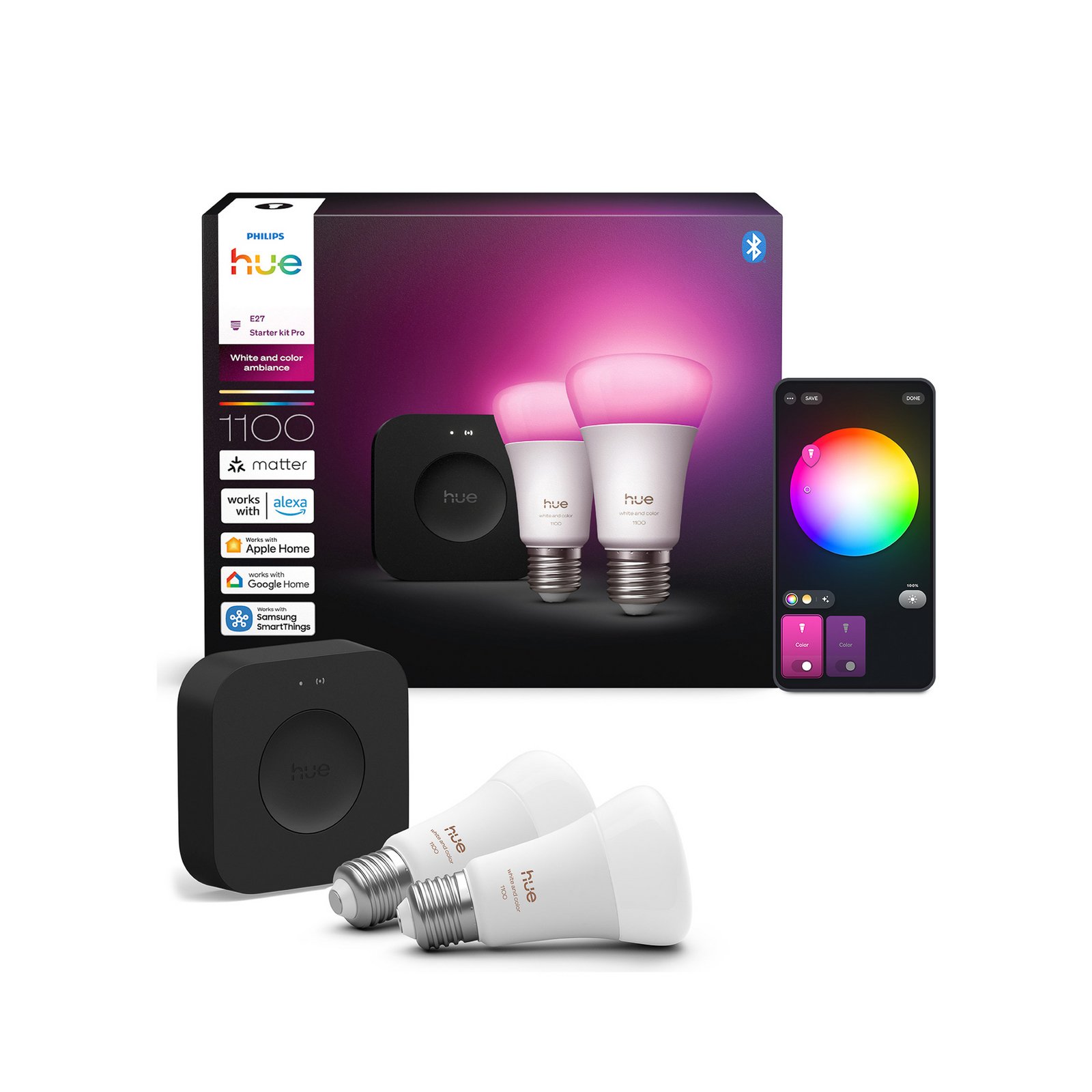 Ampoules LED Philips Hue 2x E27 8,1 W CCT RVB Bridge Pro