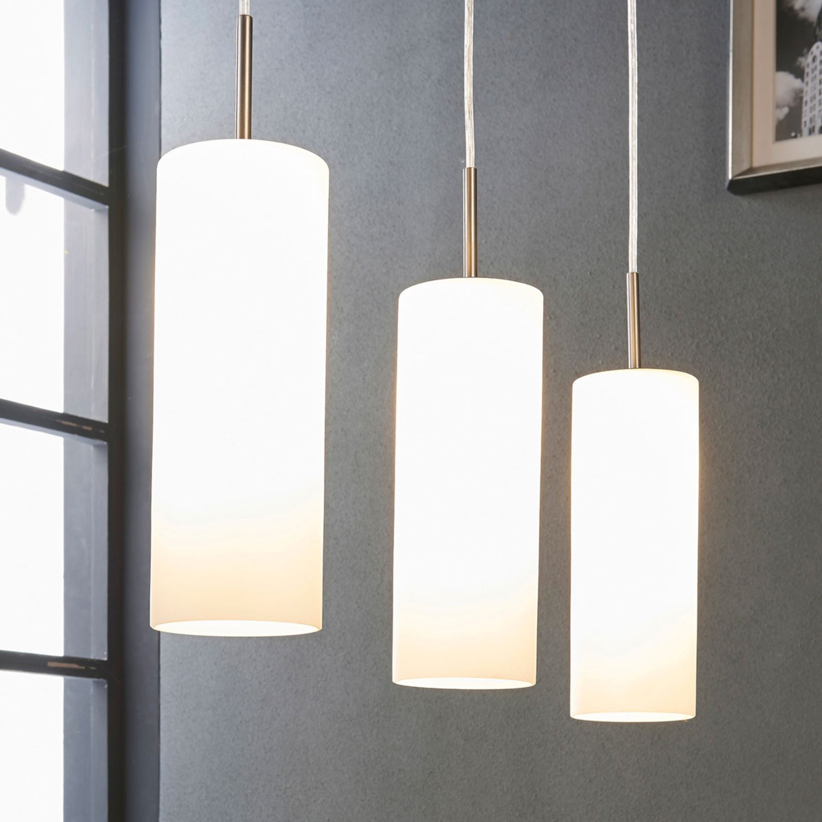 Lindby Vinsta - 3-bulb hanging light with white glass, for Living / Dining Room, glass, metal, E27, 40 W, energy efficiency: A++, L: 65 cm, W: 10 cm