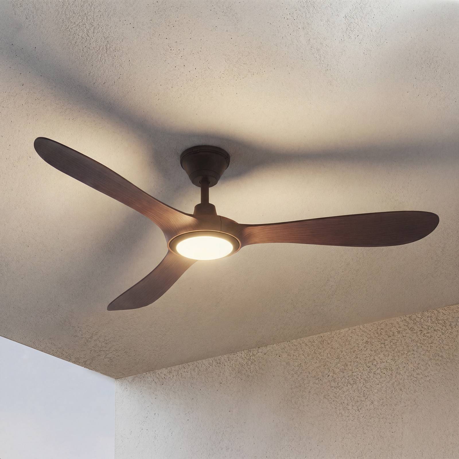 Ventilateur de plafond LED Lucande Winrod, bois foncé, IP66, à intensité