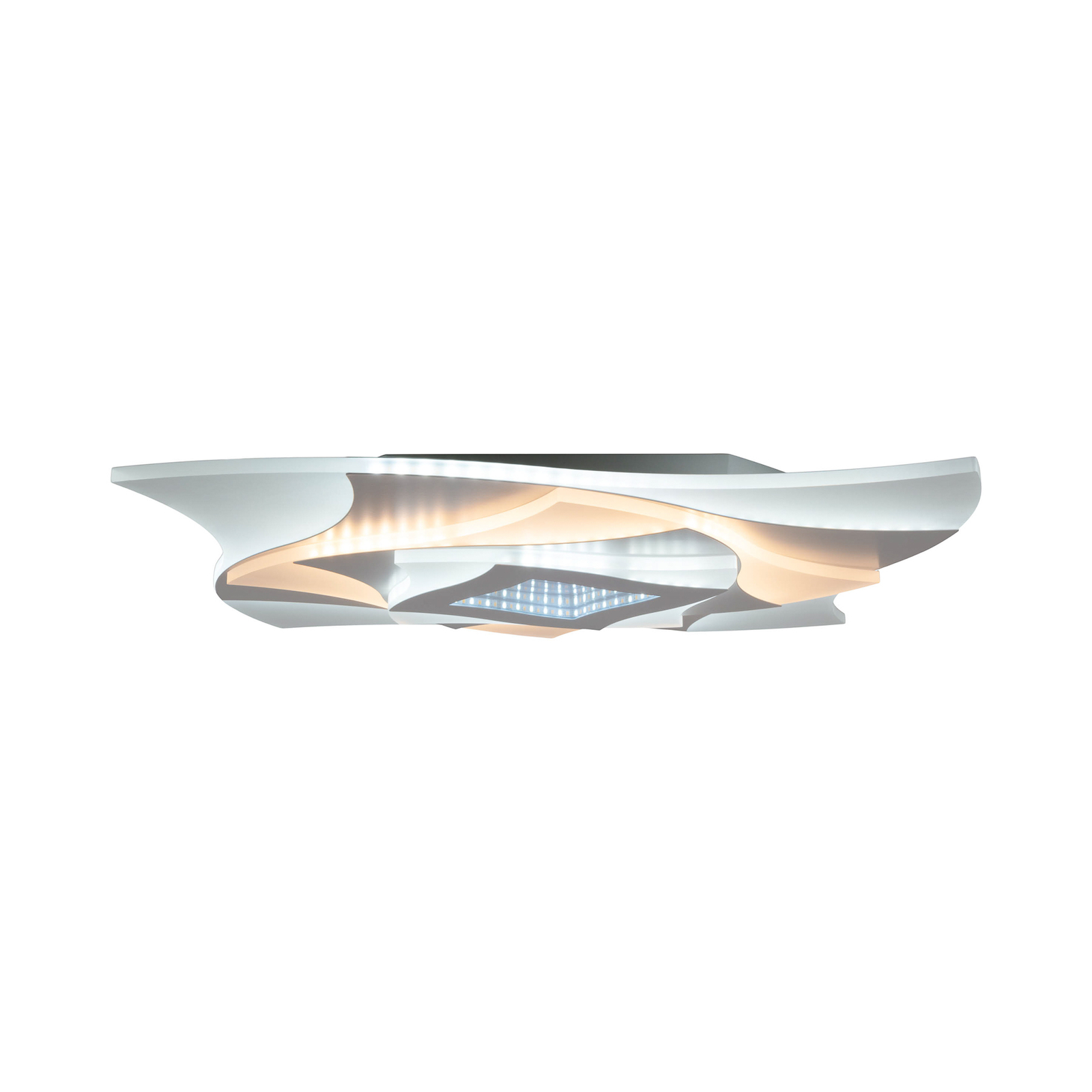 Plafonnier LED Liora, blanc, métal, longueur 46 cm, CCT, 3D