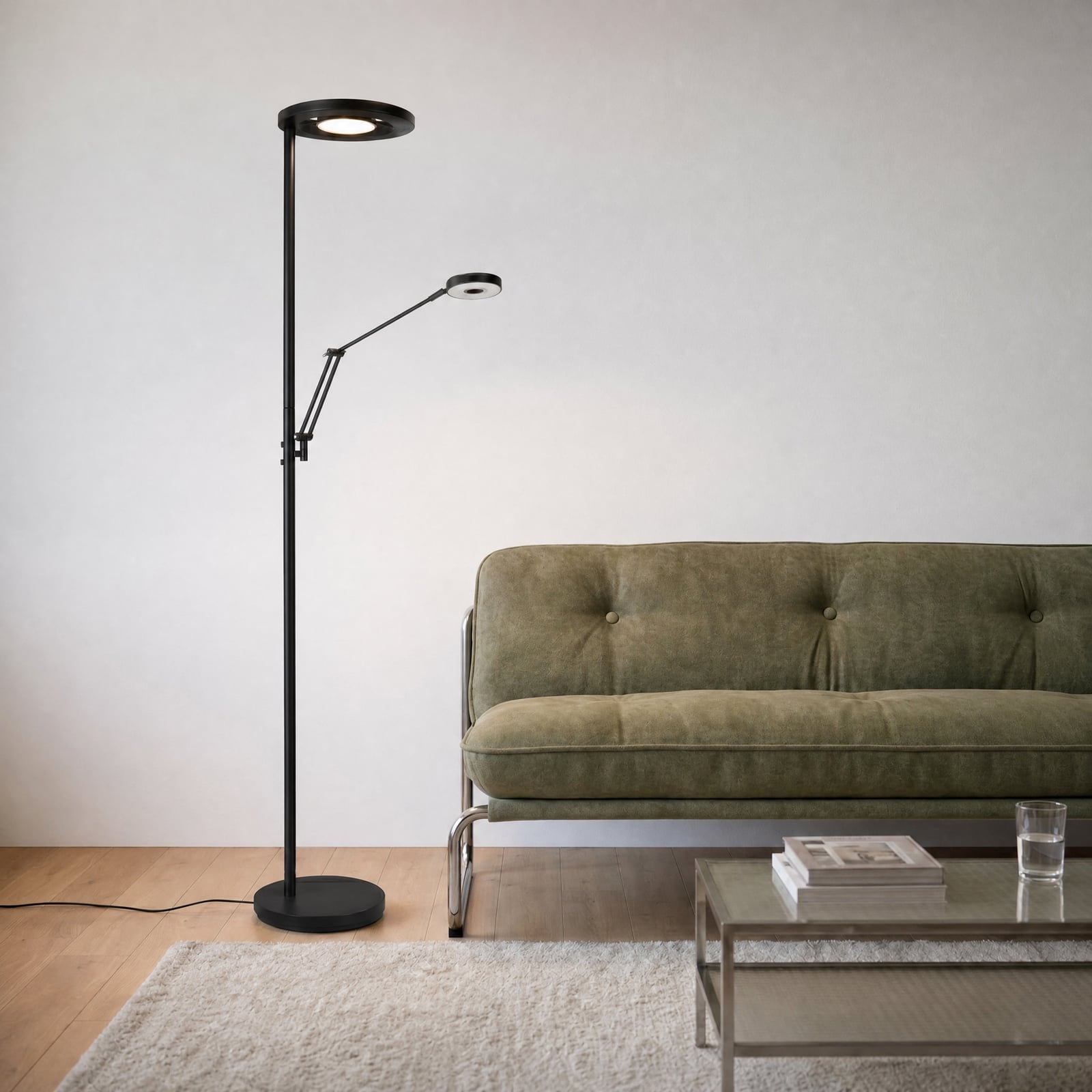Candeeiro de pé LED Barrie com luz de leitura preta mate