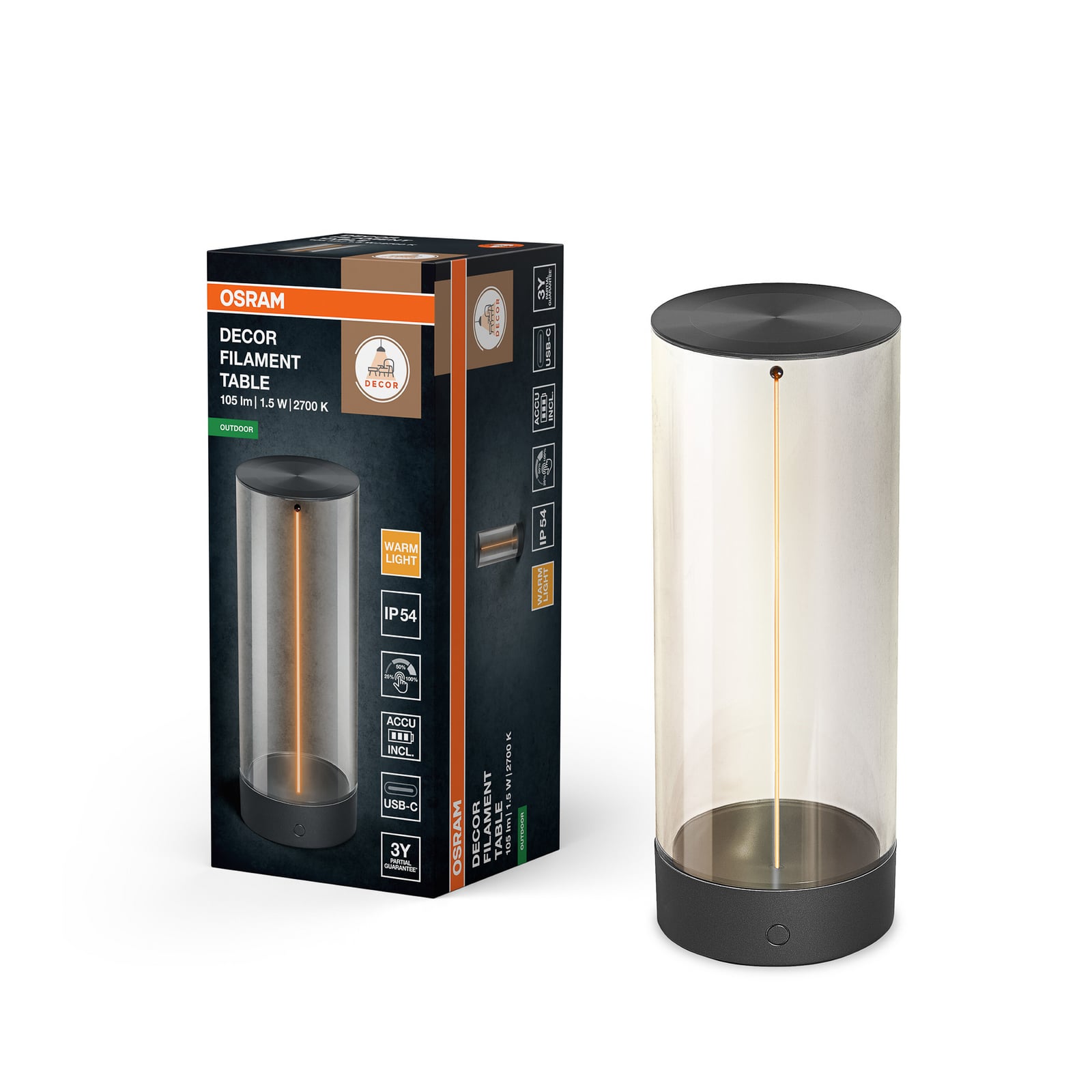 OSRAM ENDURA STYLE DECOR FILAMENT újratölthető asztali világítás, szürke, IP54 OSRAM ENDURA STYLE DECOR FILAMENT újratölthető asztali világítás, szürke, IP54