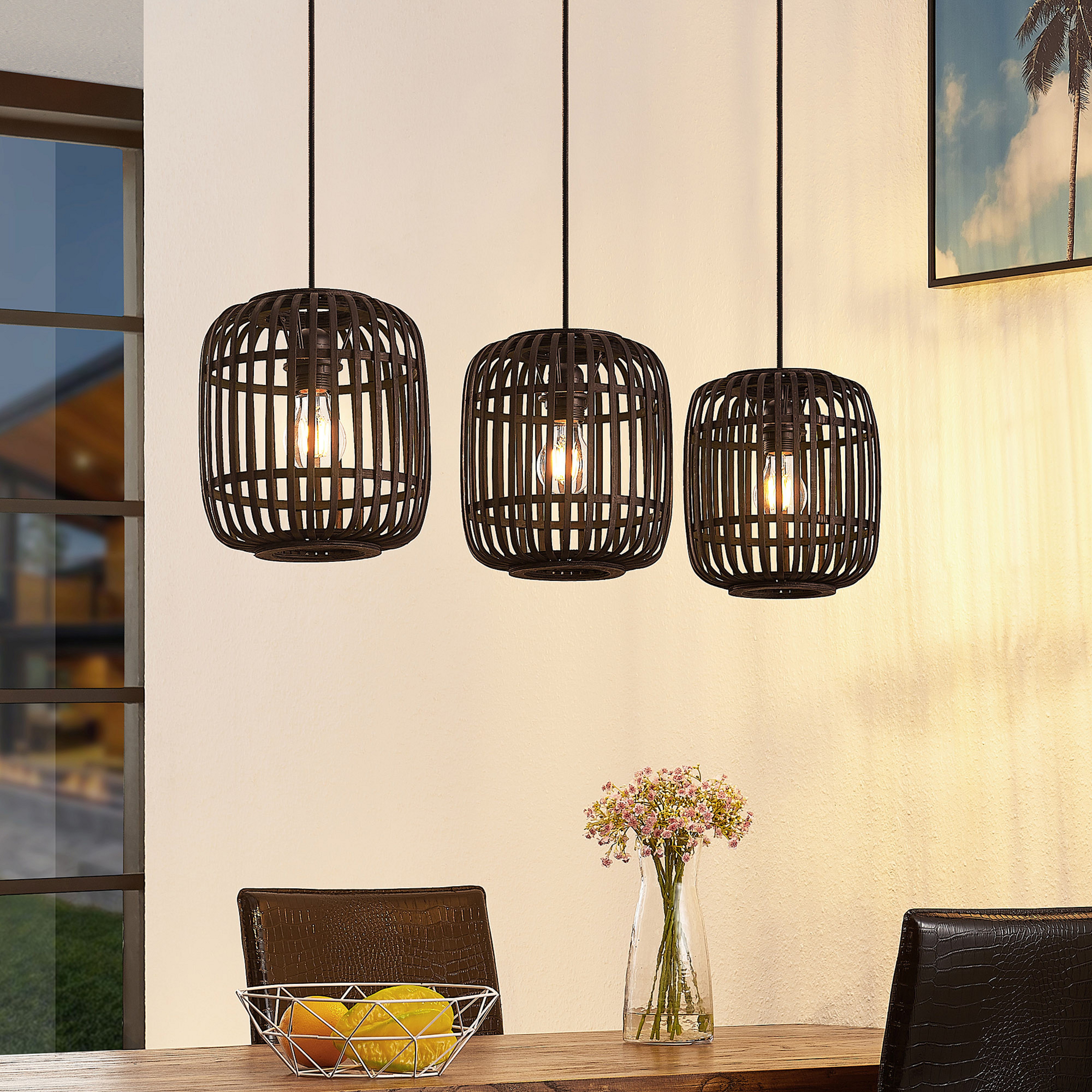 Lindby függőlámpa Canyana, fekete, 3-lámpás, rattan, 105 cm