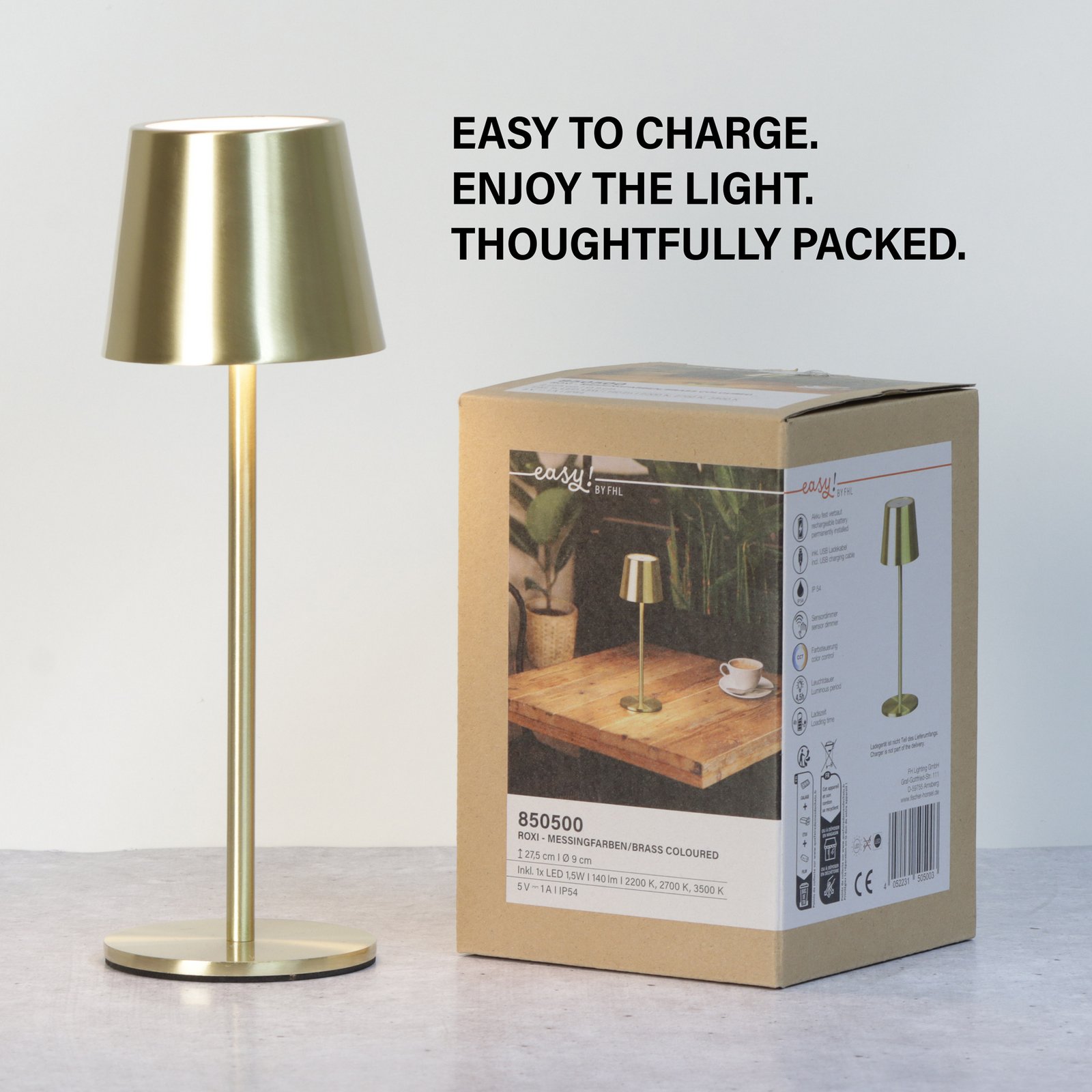 LED-Akku-Tischlampe Roxi, messingfarben, Metall, IP54 Dimmer