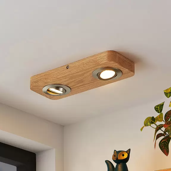 Lampenwelt Lindby Mikari LED-Deckenleuchte aus Holz, 2-fl