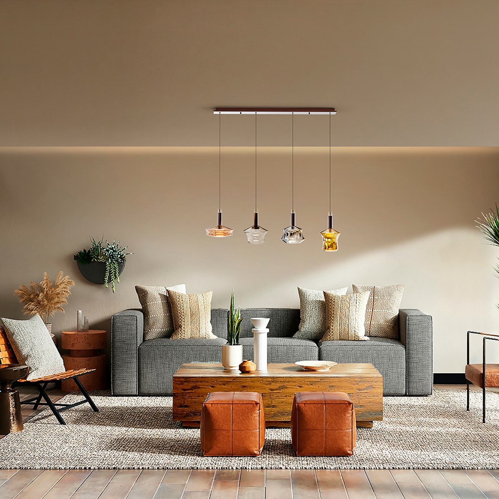 LED hanglamp Scarlett, kleurrijk, lengte 108 cm, glas, 4-lamps. LED hanglamp Scarlett, kleurrijk, lengte 108 cm, glas, 4-lamps.