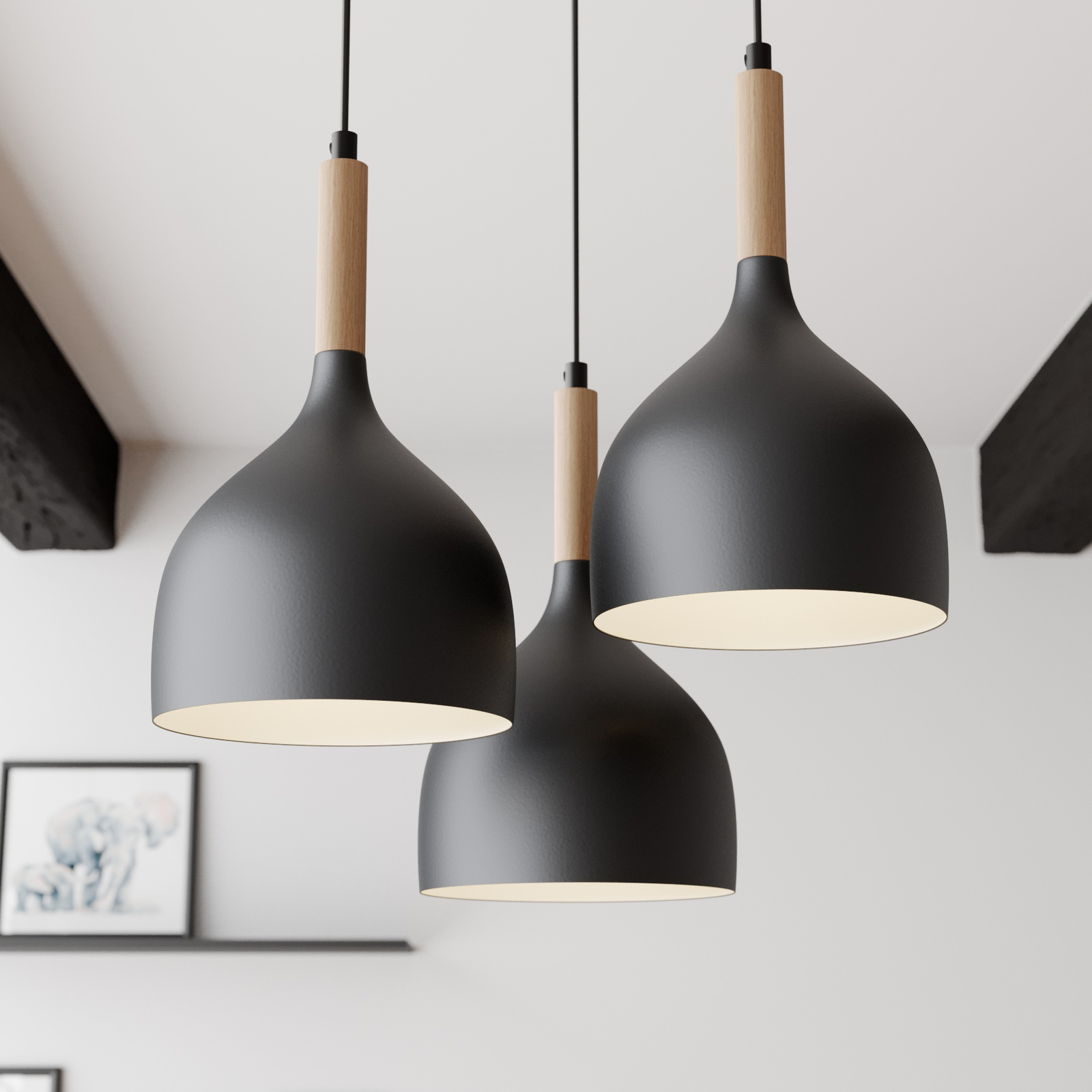 kleding stof radiator charme Hanglamp Noak 3-lamps rond zwart/hout natuur | Lampen24.be