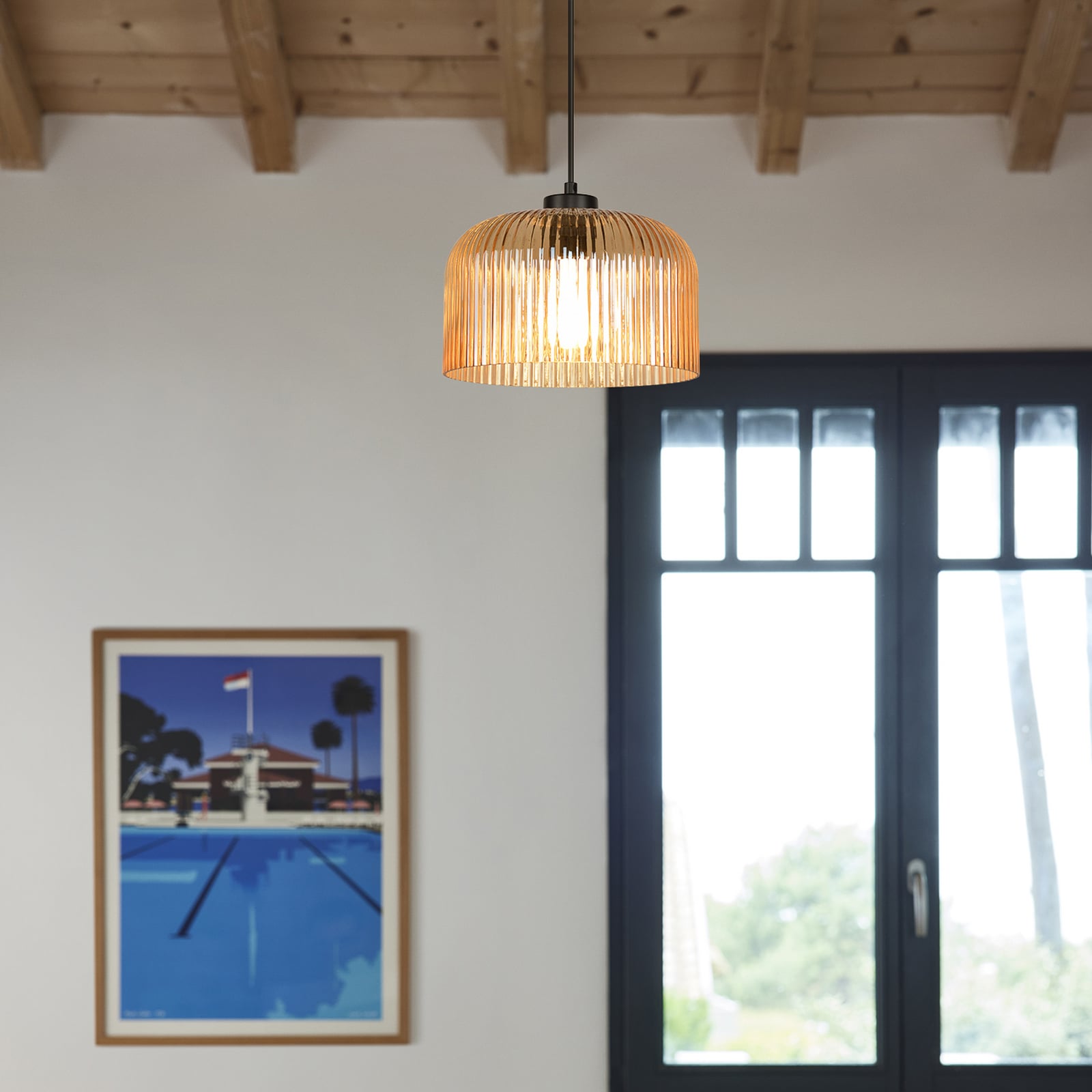 Piekaramā lampa „Luigi“, dzintara krāsā/melnā krāsā, Ø 25 cm, stikls