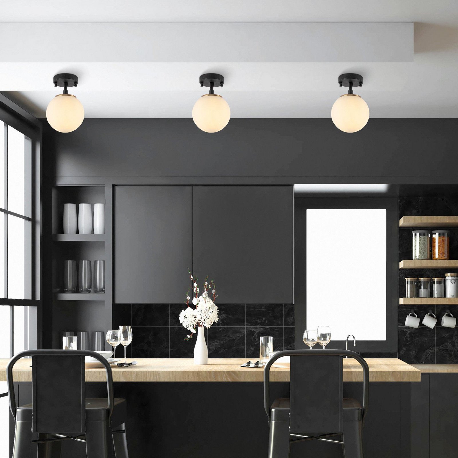 Opviq Plafonieră Atmaca 1 bec negru sticlă Ø 15 cm - Camera de zi / sufragerie - negru alb