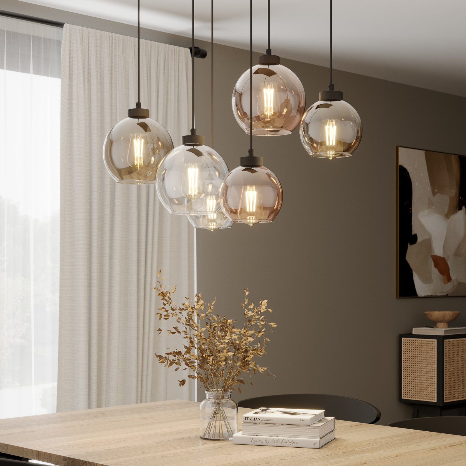 Cubus pendant light, 6-bulb, clear/honey/brown, glass, E27