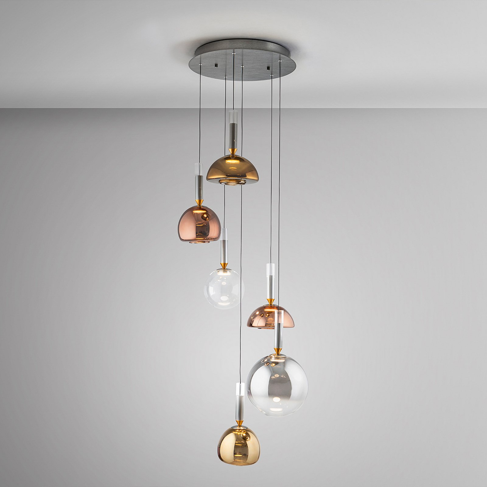 Charlize 6-bulb LED pendant light, Triac dimmable, four-coloured glass