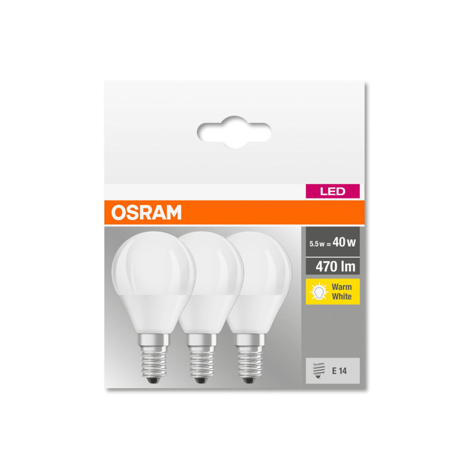 OSRAM LED-dråpepære E14 P40 4,9W 2 700 K 470lm 3st