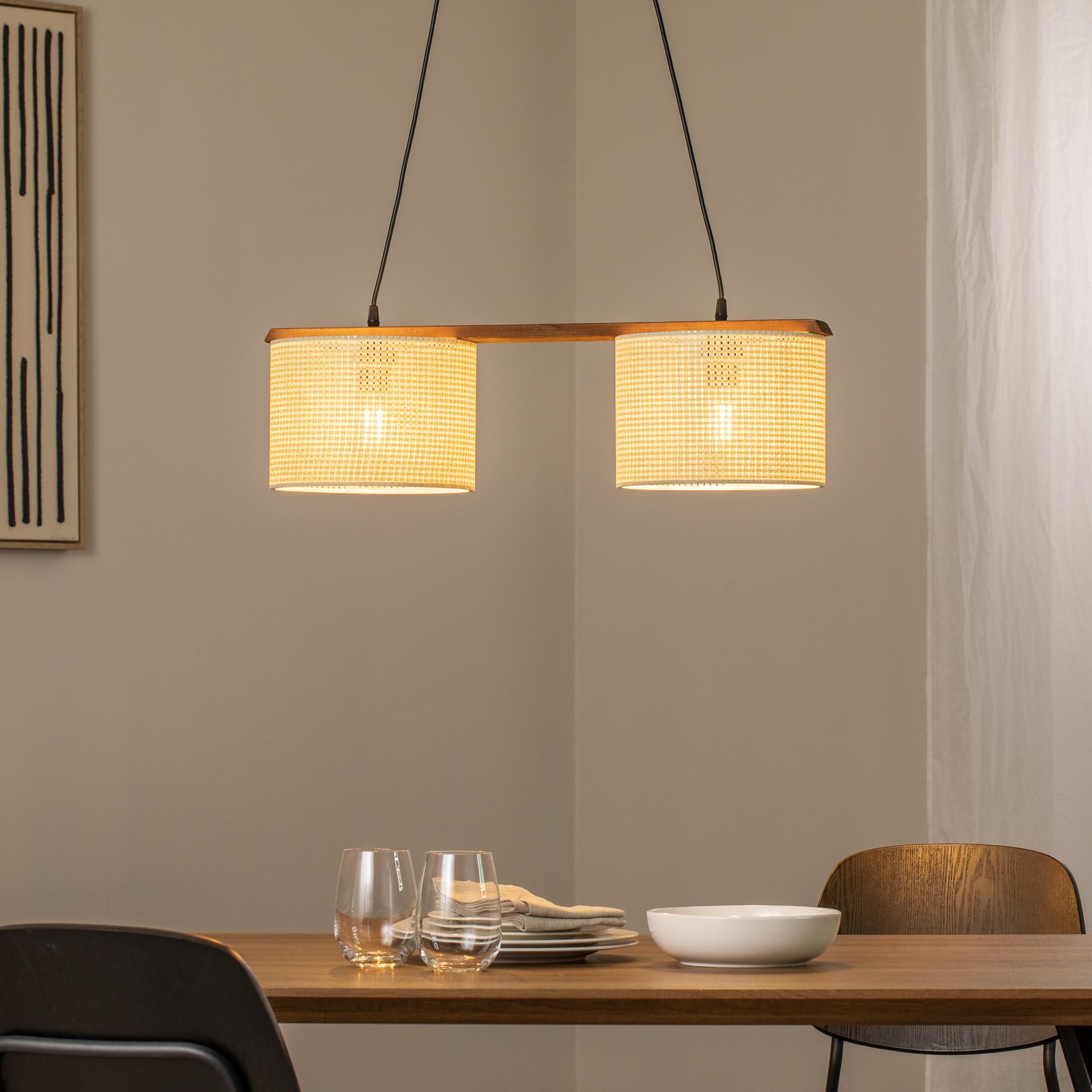 Suspension Zigana, blanc à motifs, à 2 lampes, tissu, bois Suspension Zigana, blanc à motifs, à 2 lampes, tissu, bois