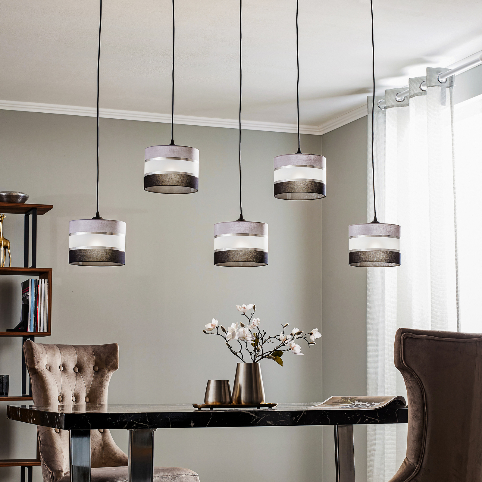 Suspension Helen gris-noir-argenté 5 lampes