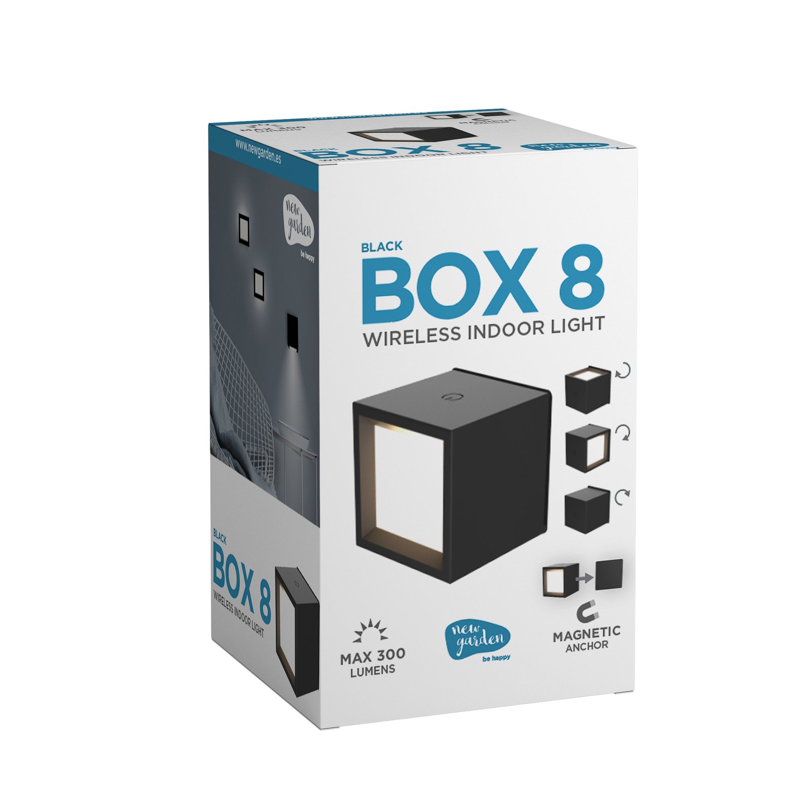 Newgarden LED dobíjecí nástěnné světlo Box 8, černé, 7,5x7,5cm