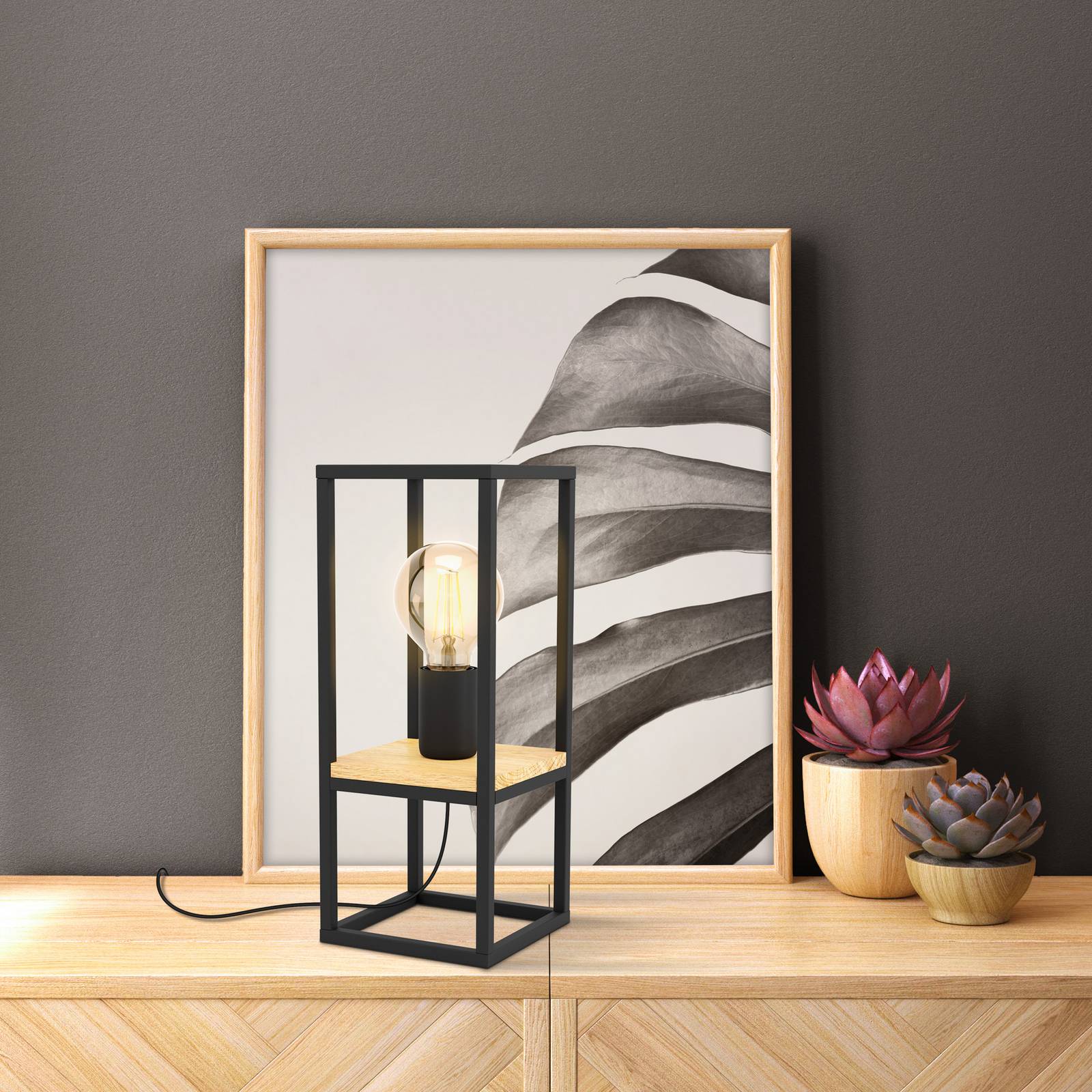  Eglo Tischleuchte Libertad, Höhe 35 Cm, Schwarz/holz, Stahl 