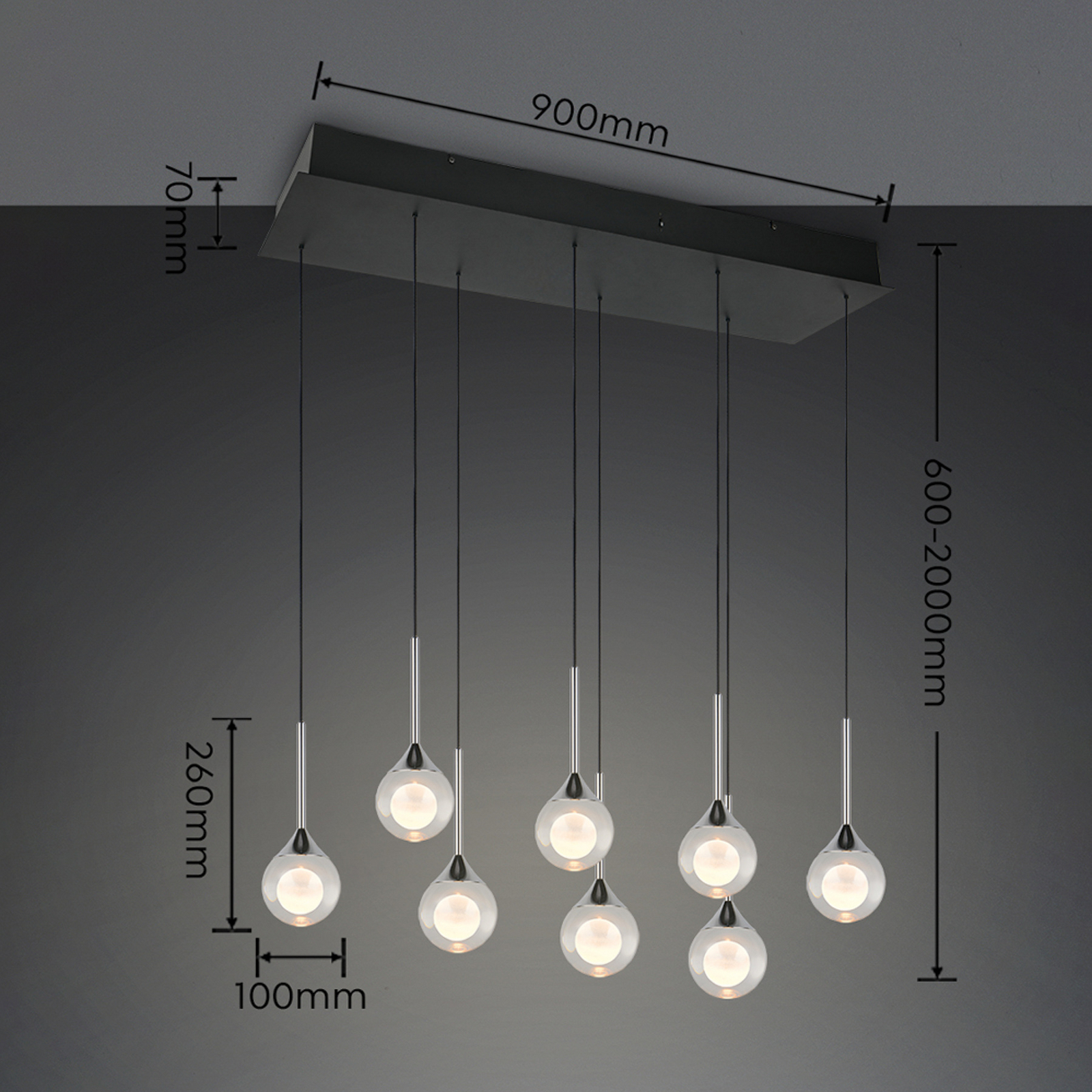 LED piekaramā lampa „Calista“, hromēta, garums 90 cm, metāls/stikls, 8 spuldzes LED piekaramā lampa „Calista“, hromēta, garums 90 cm, metāls/stikls, 8 spuldzes