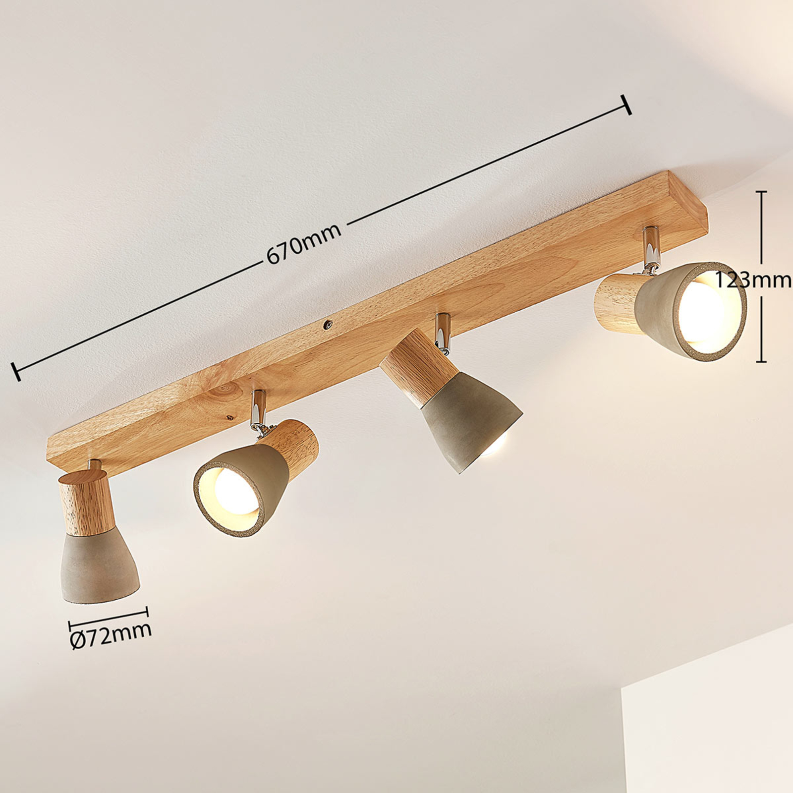 Lindby Filiz spotlight, 4-bulb, 77 cm long, wood, concrete