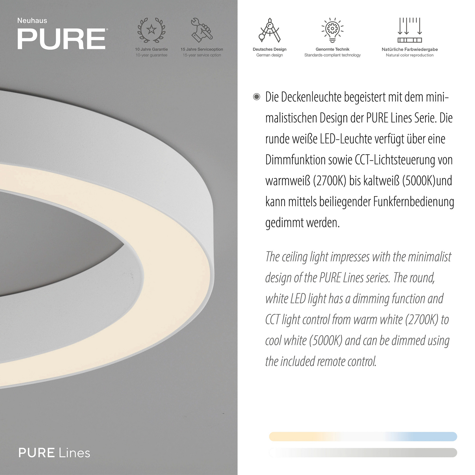 Lampa sufitowa LED PURE Lines, Ø 35 cm, biała, CCT