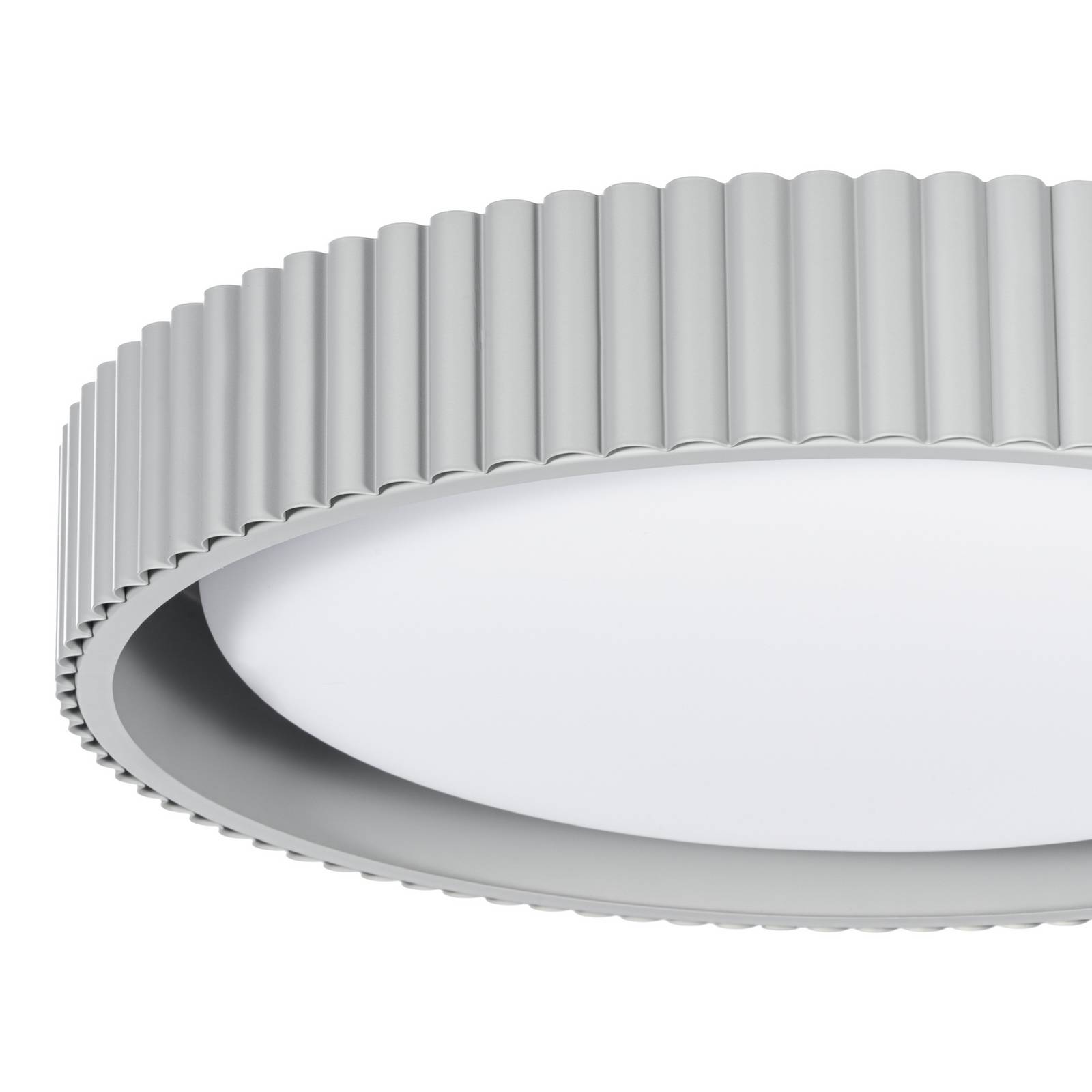 Lampa sufitowa LED Lindby Colbie, szara z żłobieniami, Ø 46 cm, ściemniana.