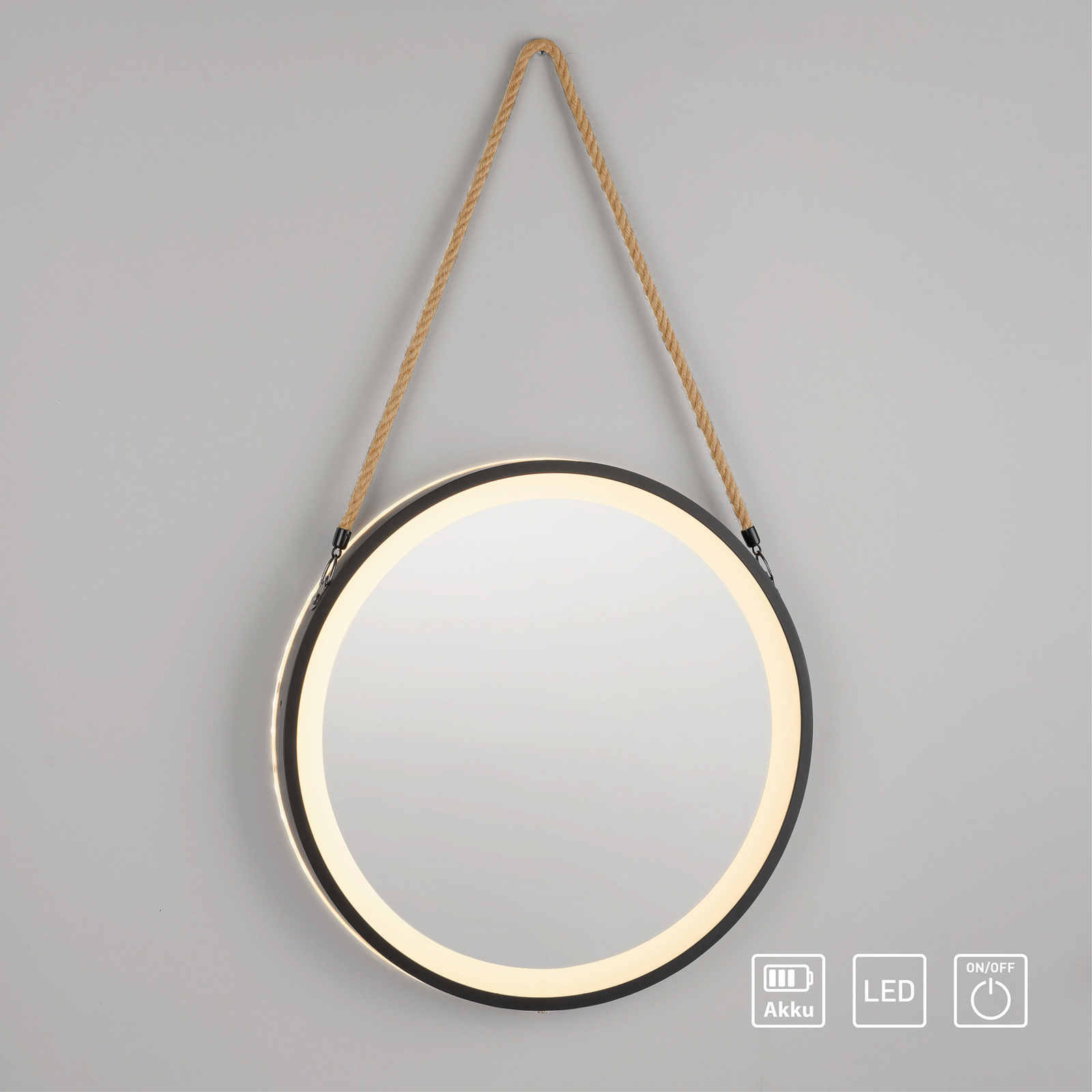 LED nástenné zrkadlo VIDRO, čierne, Ø 40 cm, powerbanka, závesné