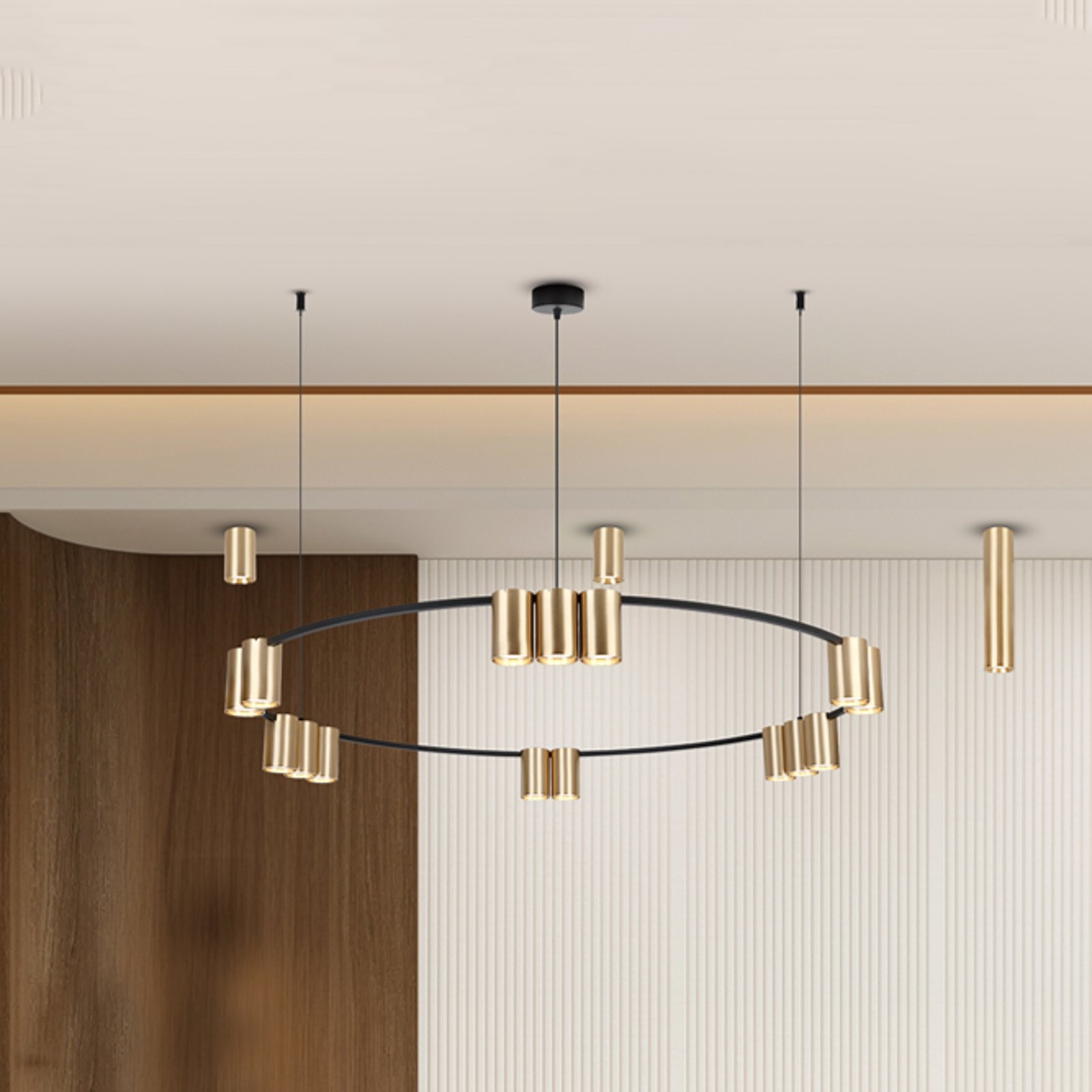 Genesis pendant light, aluminium, black/gold, 15 x GU10, Ø 100 cm