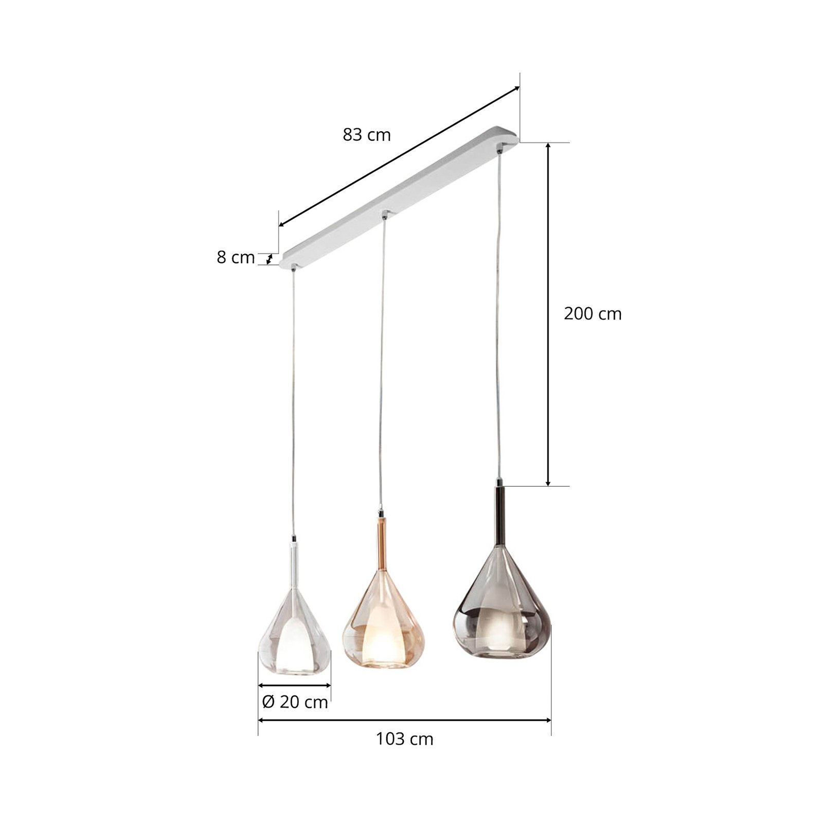 Lila hanging light made of glass, 3-bulb long