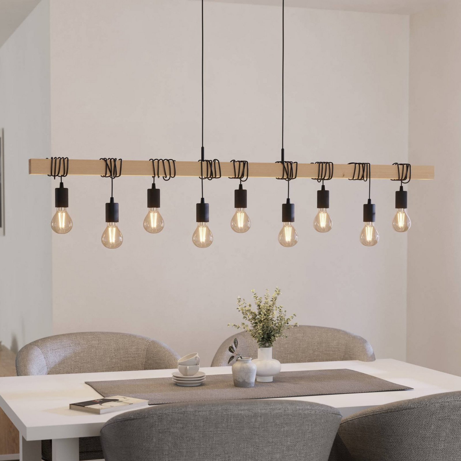 EGLO Lampadar Townshend lungime 150 cm negru/lemn 9 lumini. - Camera de zi / sufragerie - Vintage - negru lemn deschis - Metal