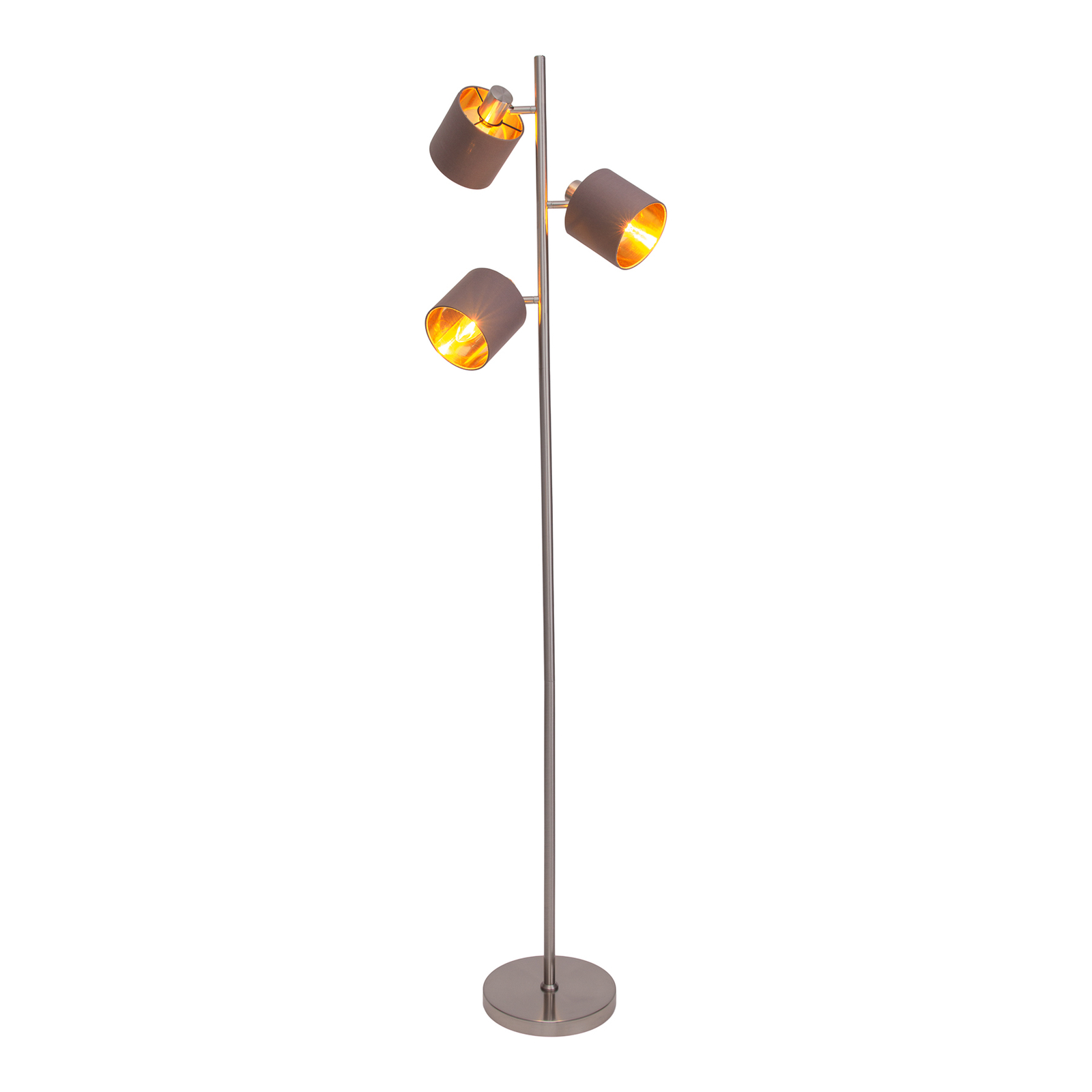 Lampadaire Maron, à trois lampes, tissu, brun/doré