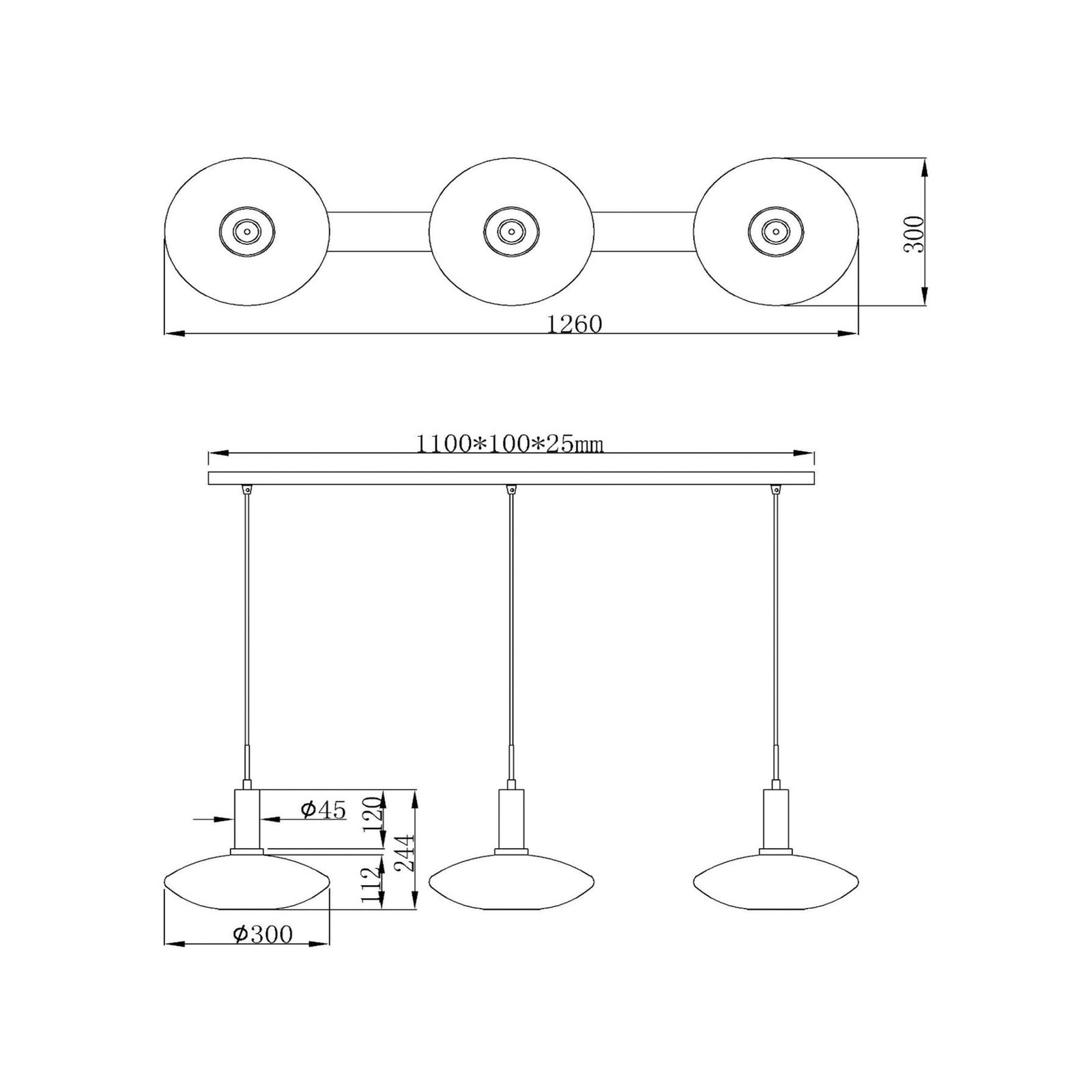 Singala glass pendant light, Ø 30 cm, 110 cm, opal, 3-bulb