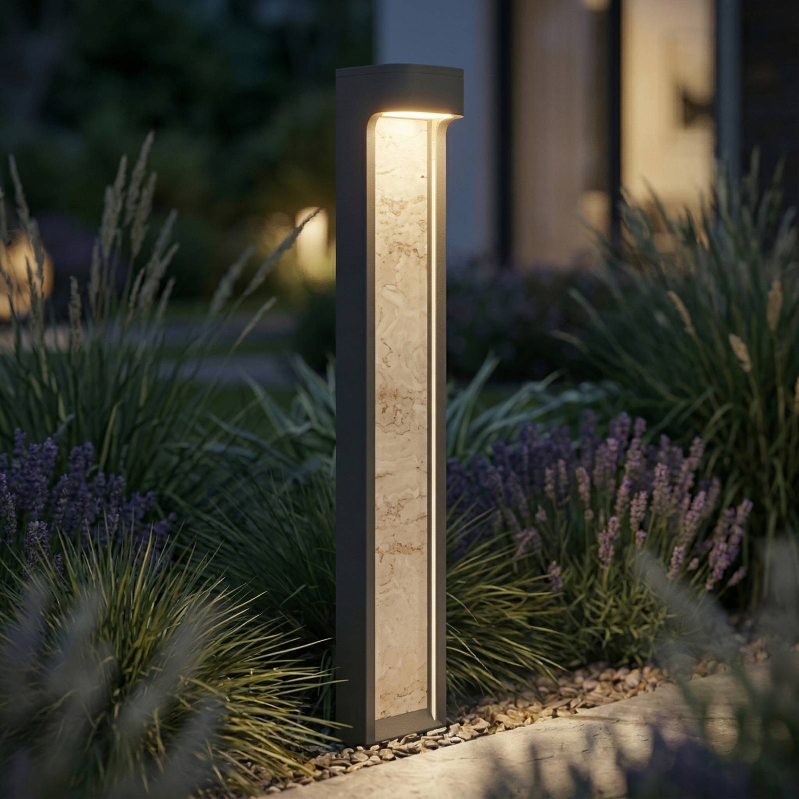 Lucande LED-Wegelampe Meta, Metall, Travertine Inlay, 100cm