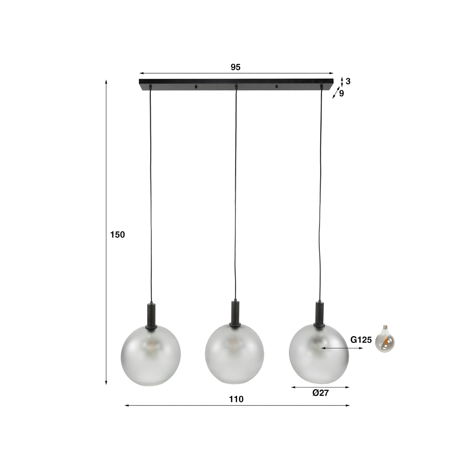 Pendelleuchte Bubble, grau, Glas, 3-flammig, E27, 110 cm Pendelleuchte Bubble, grau, Glas, 3-flammig, E27, 110 cm