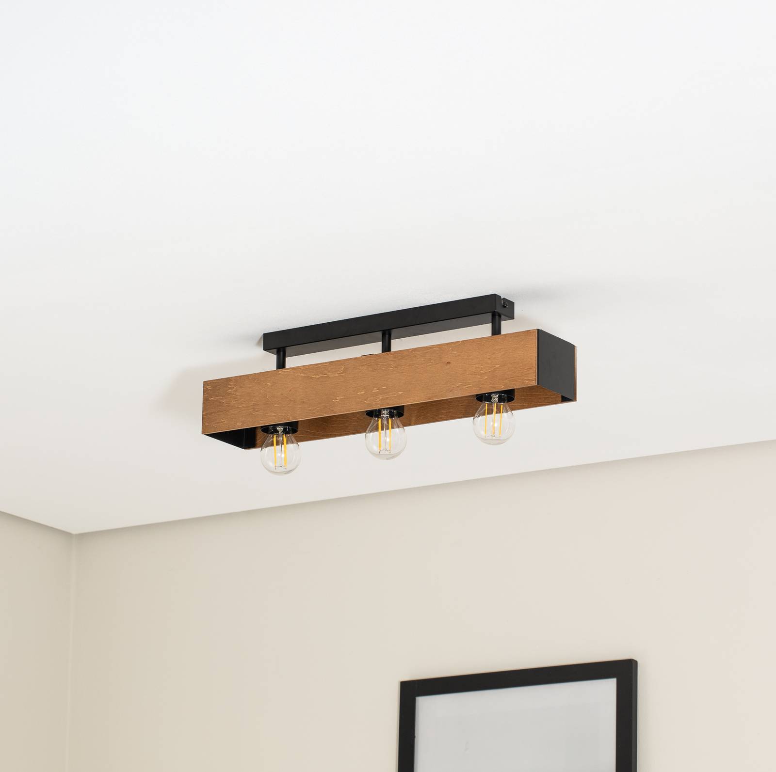 Lampa sufitowa Miluza, czarny/brązowy, długość 57 cm, drewno, 3-punktowa.