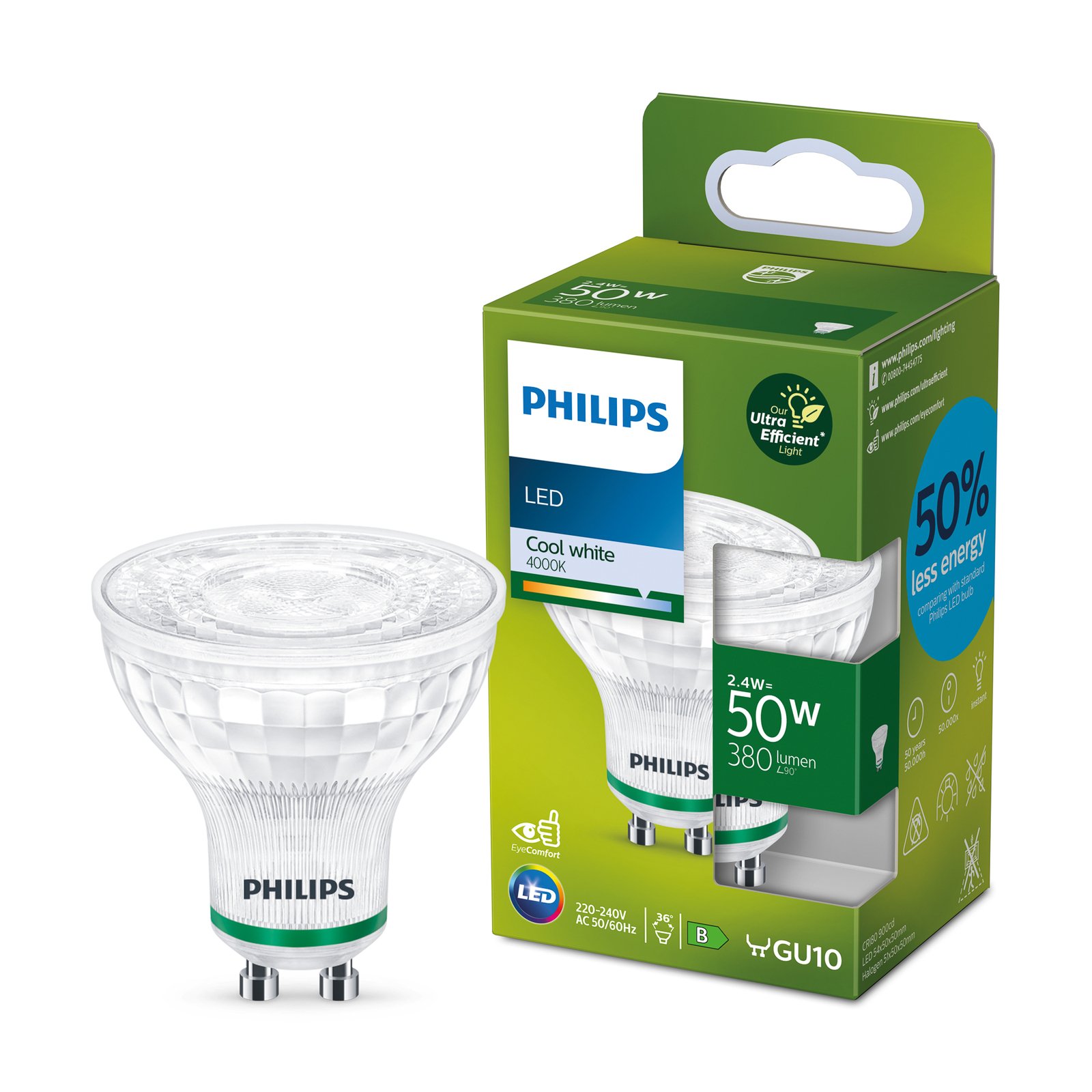 Philips LED reflektor GU10 2,4W 380lm 36° 4000K