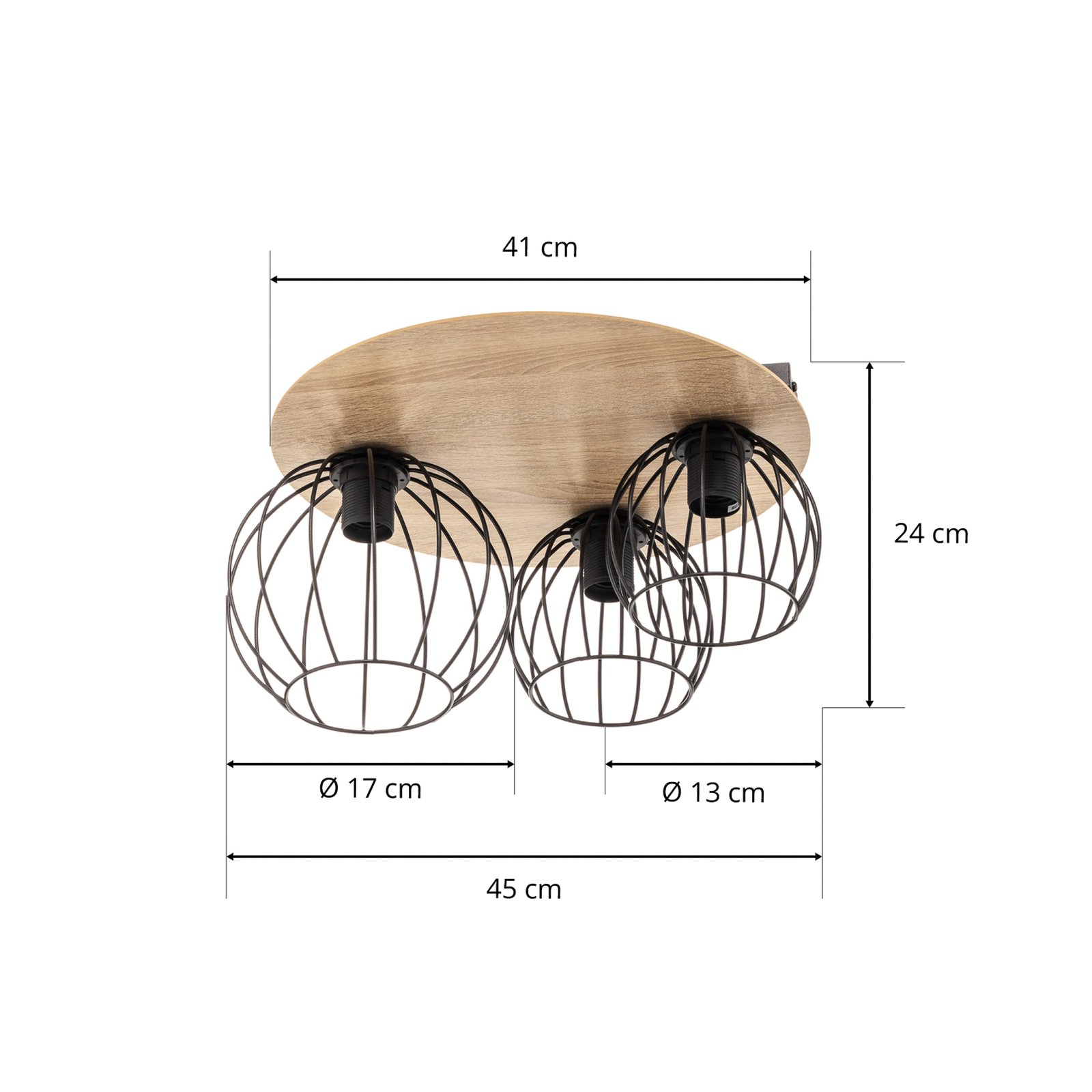 Plafonnier Malin, panneau bois rond, 3 lampes