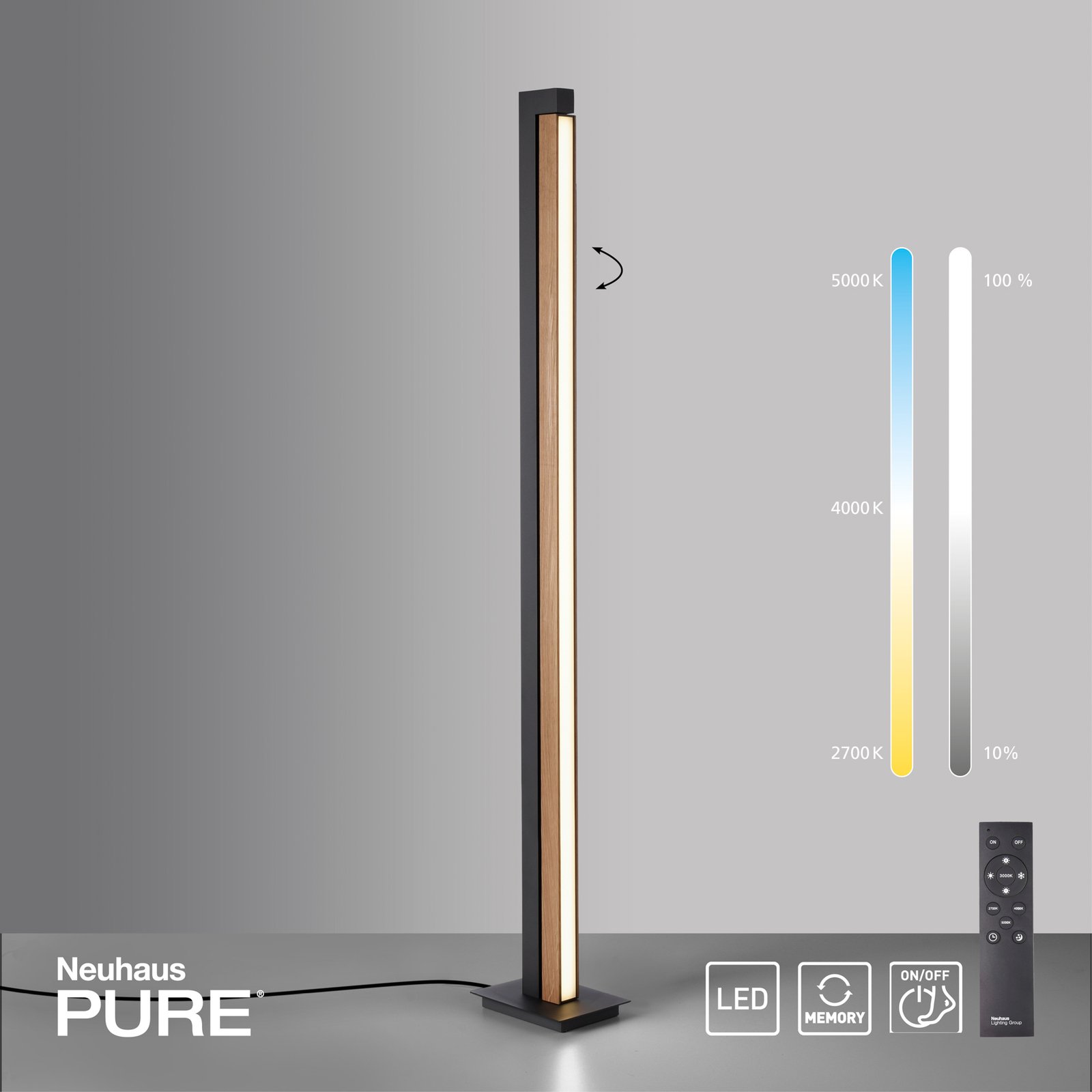 Pure Lines LED vloerlamp, afstandsbediening, hout