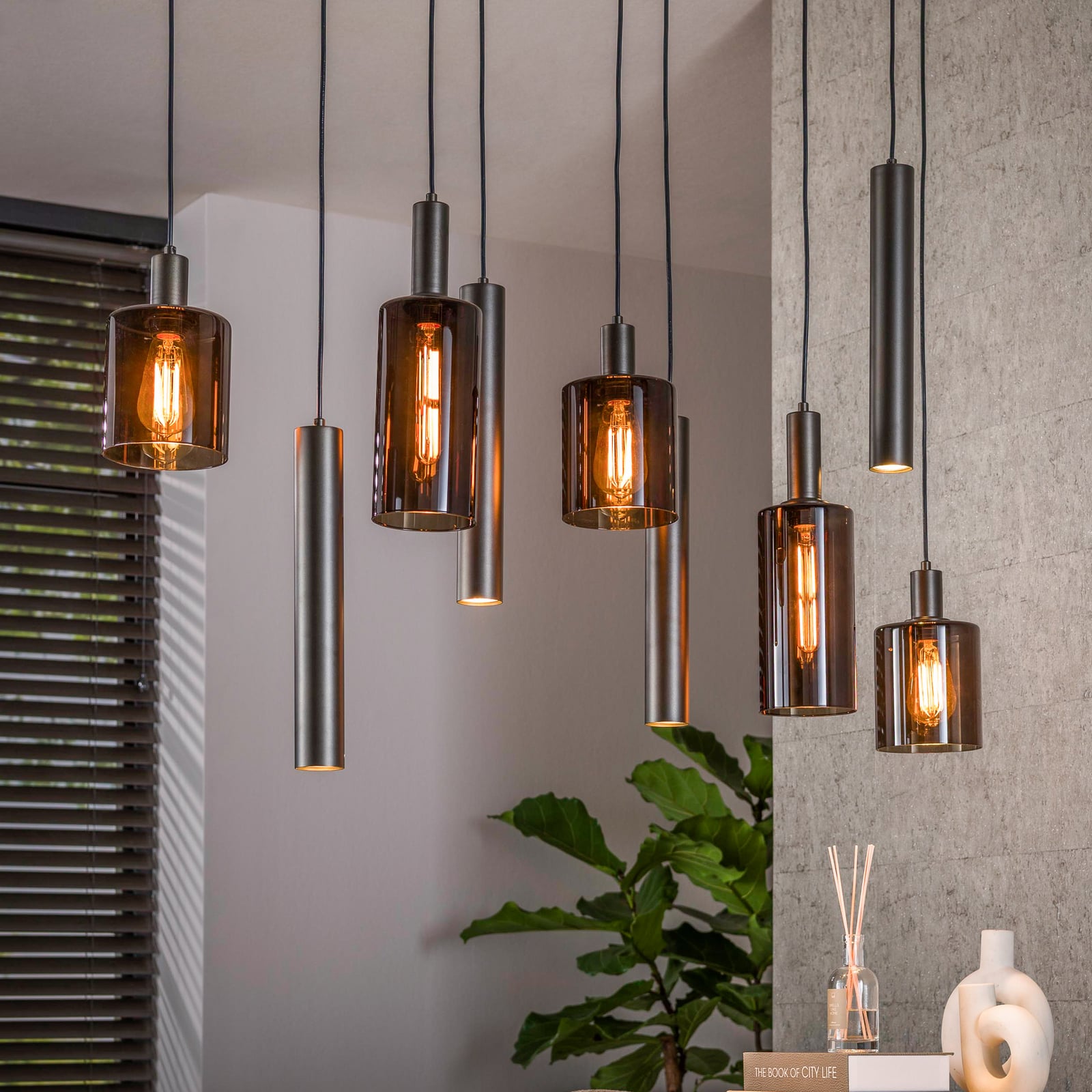Pendelleuchte Sepiora, braun, Glas, 9-flammig, E27/GU10