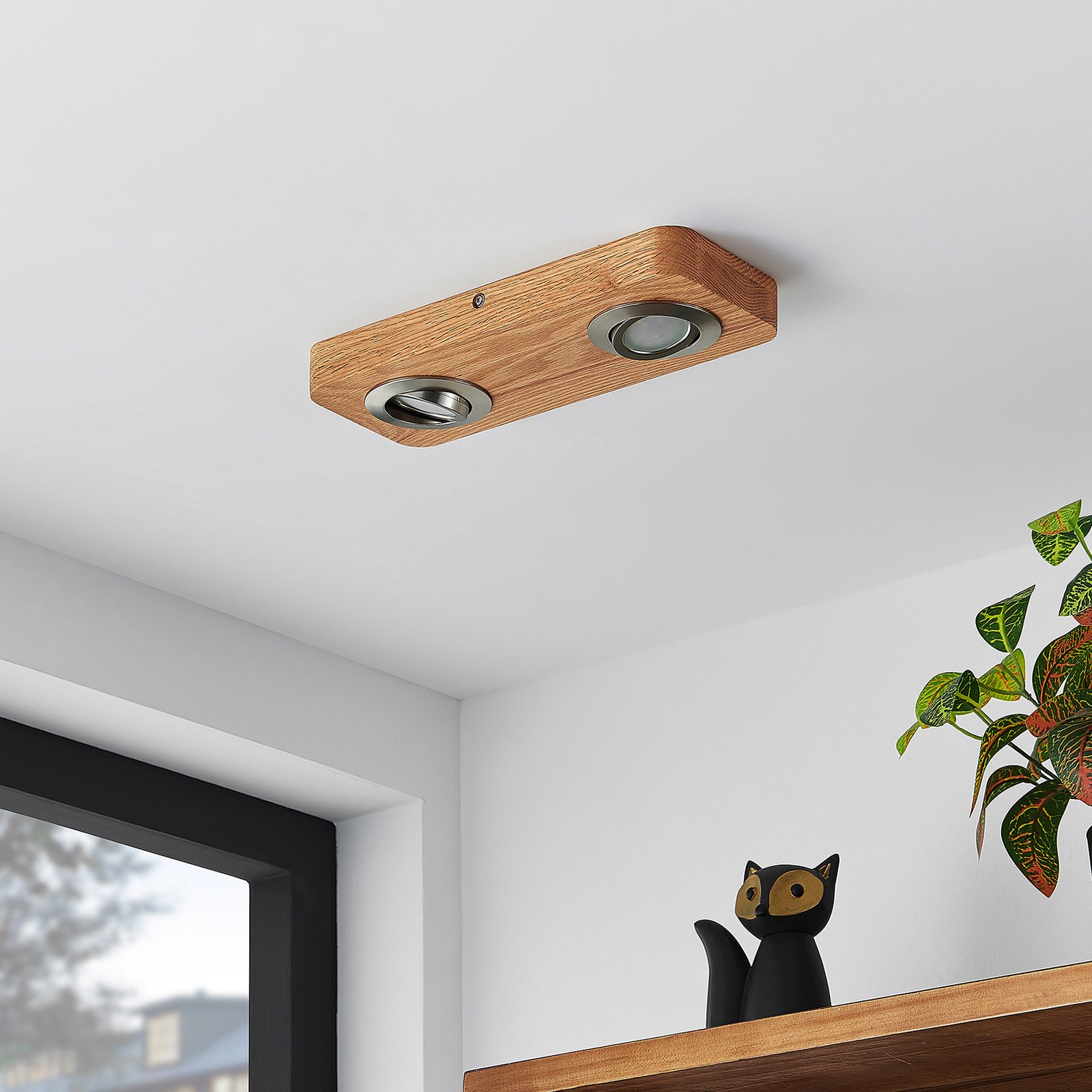 Lindby Mikari LED ceiling light in wood, 2-bulb