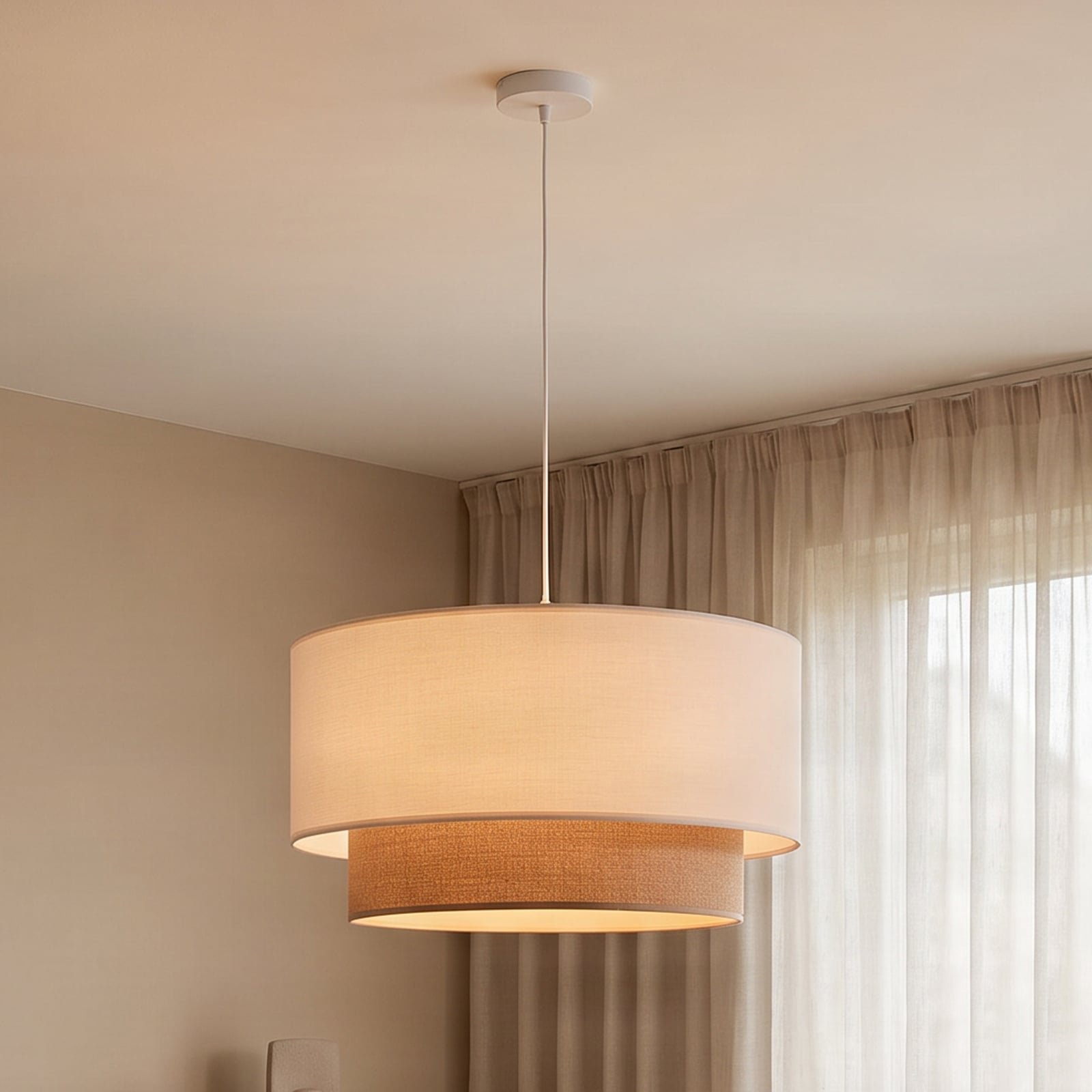 Lampa wisząca Boho, kolor ecru/brązowy, średnica 45 cm, tkanina