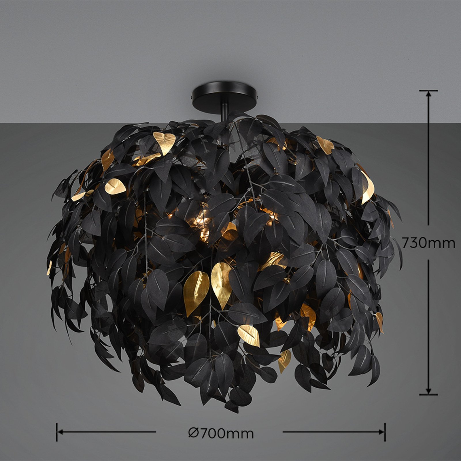Griestu lampa Leavy, Ø 70 cm, melna/zelta, plastmasa