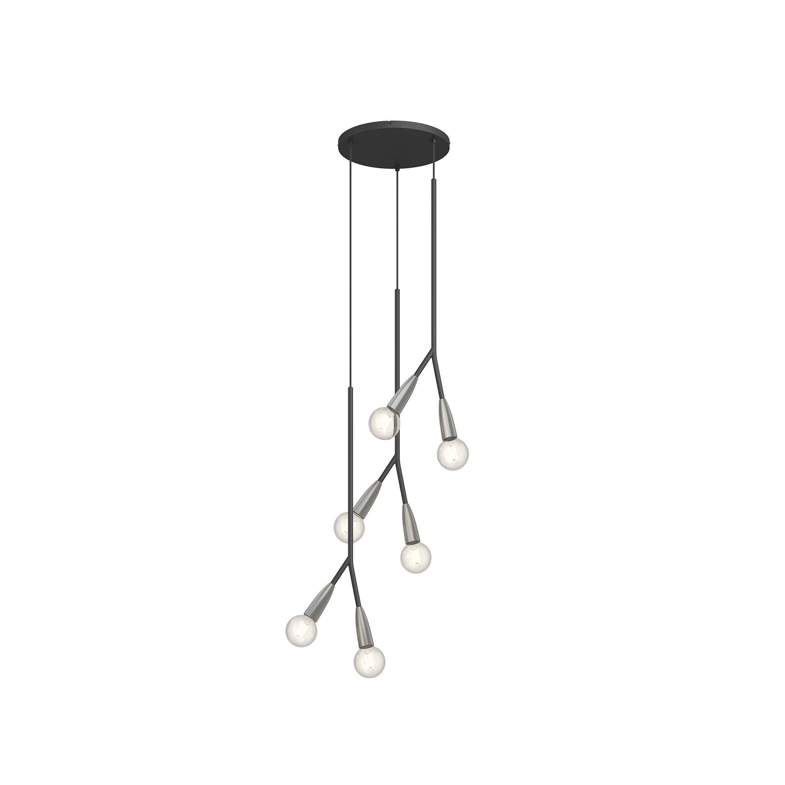 Lucande Carlea hanging lamp 6-bulb black/nickel, for Living / Dining Room, metal, aluminium, E27, 60 W