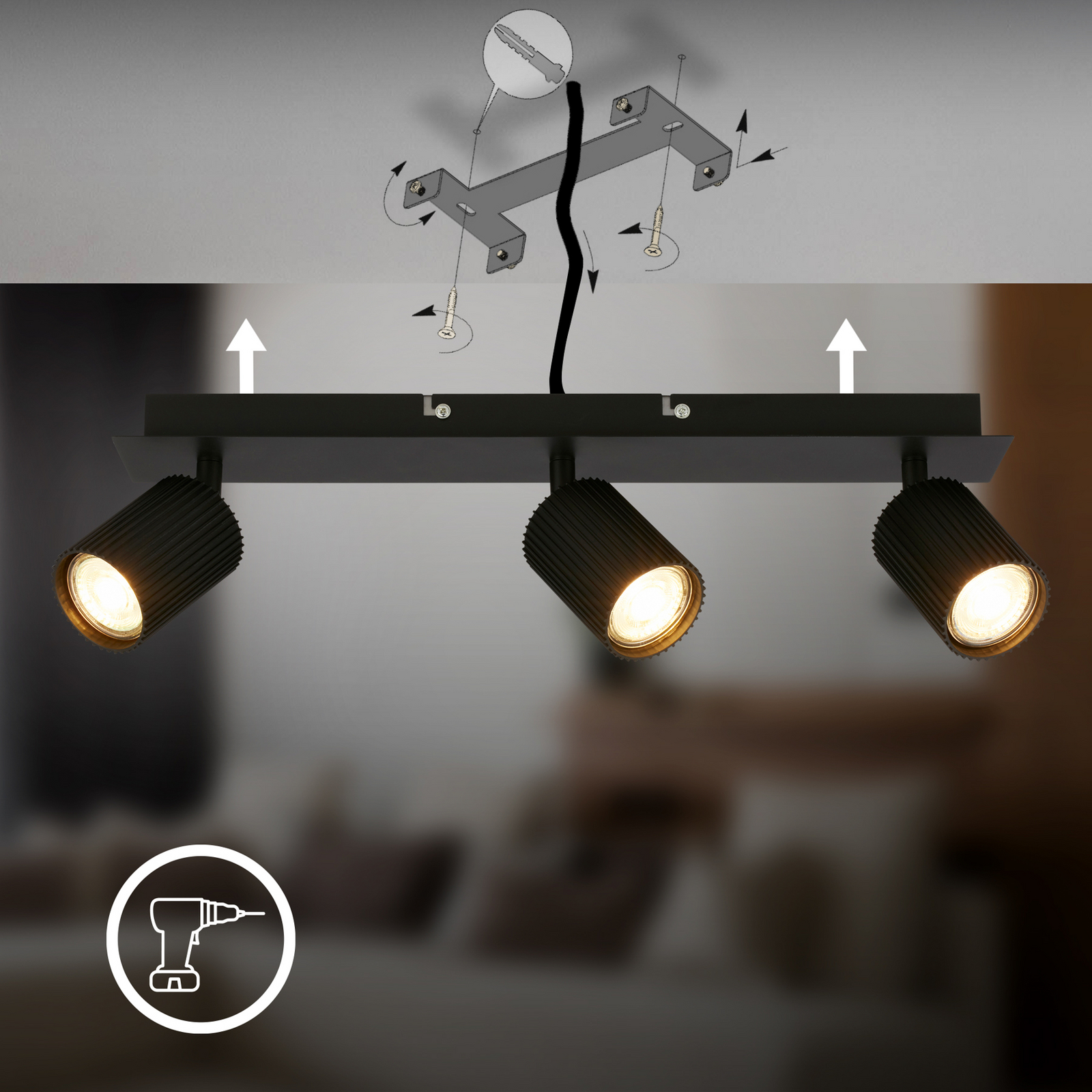 Downlight Ida, negro, 3 luces, plástico/metal Downlight Ida, negro, 3 luces, plástico/metal
