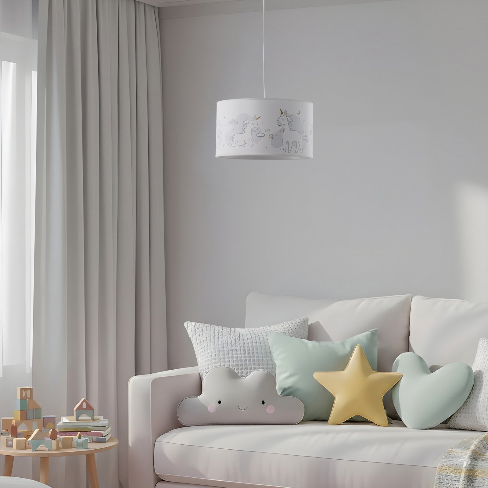 Suspension Mila, Ø 35 cm, blanc, tissu, licornes, E27