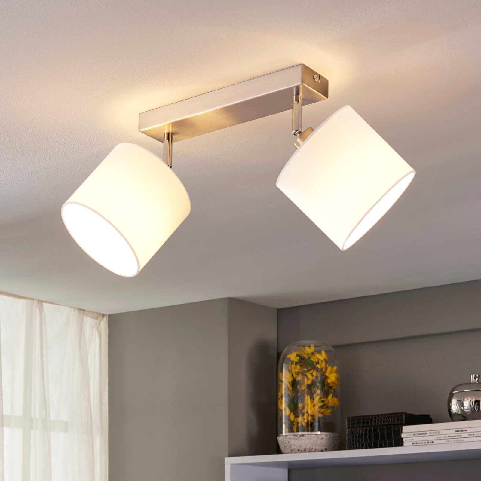 Lindby Two-bulb LED ceiling lamp with fabric lampshades, for Living / Dining Room, fabric, metal, E14, 4 W, energy efficiency: A+, L: 34.5 cm, W: 13.5 cm, H: 21.3 cm