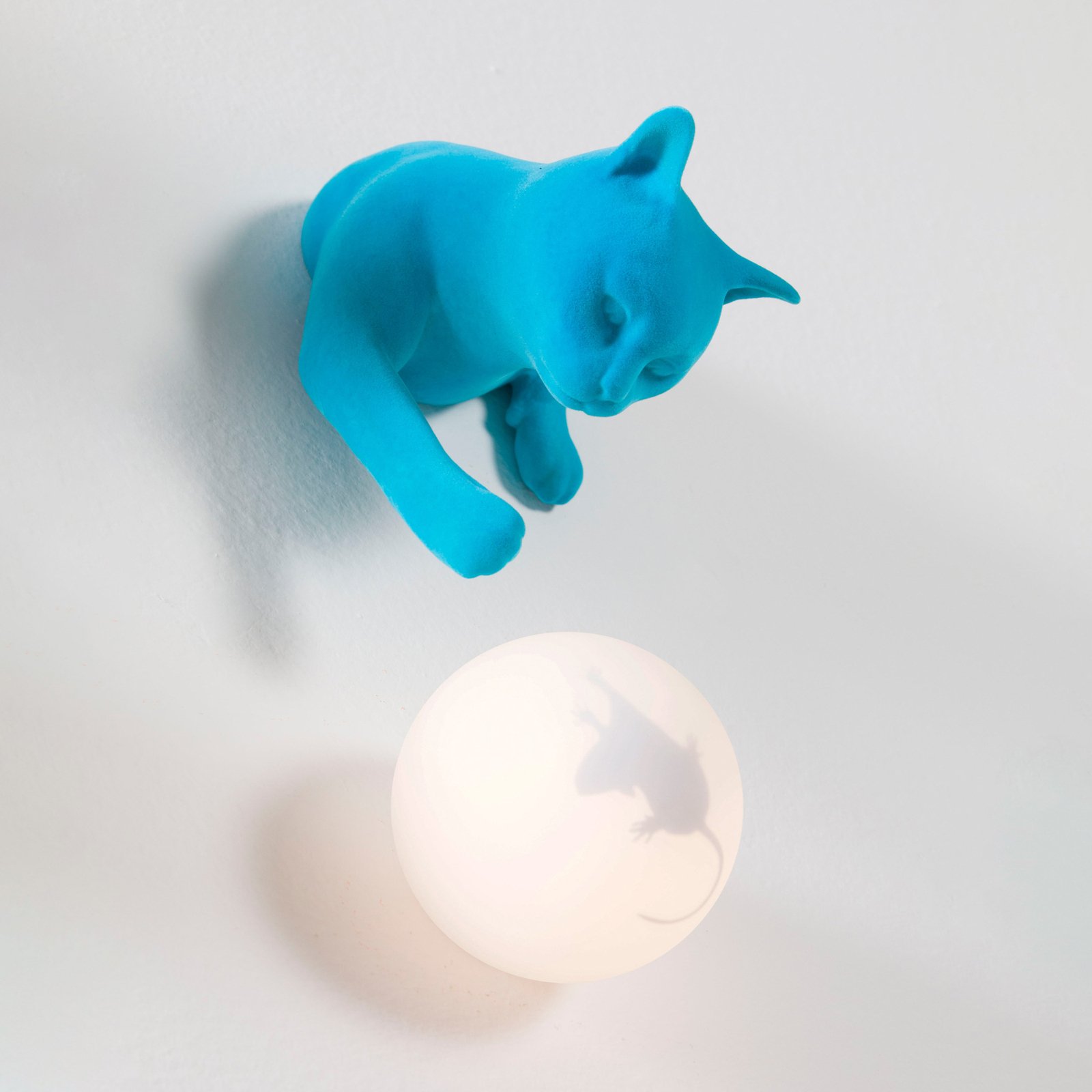 Karman wall light Maoo, ceramic light blue, glass, cat figurine