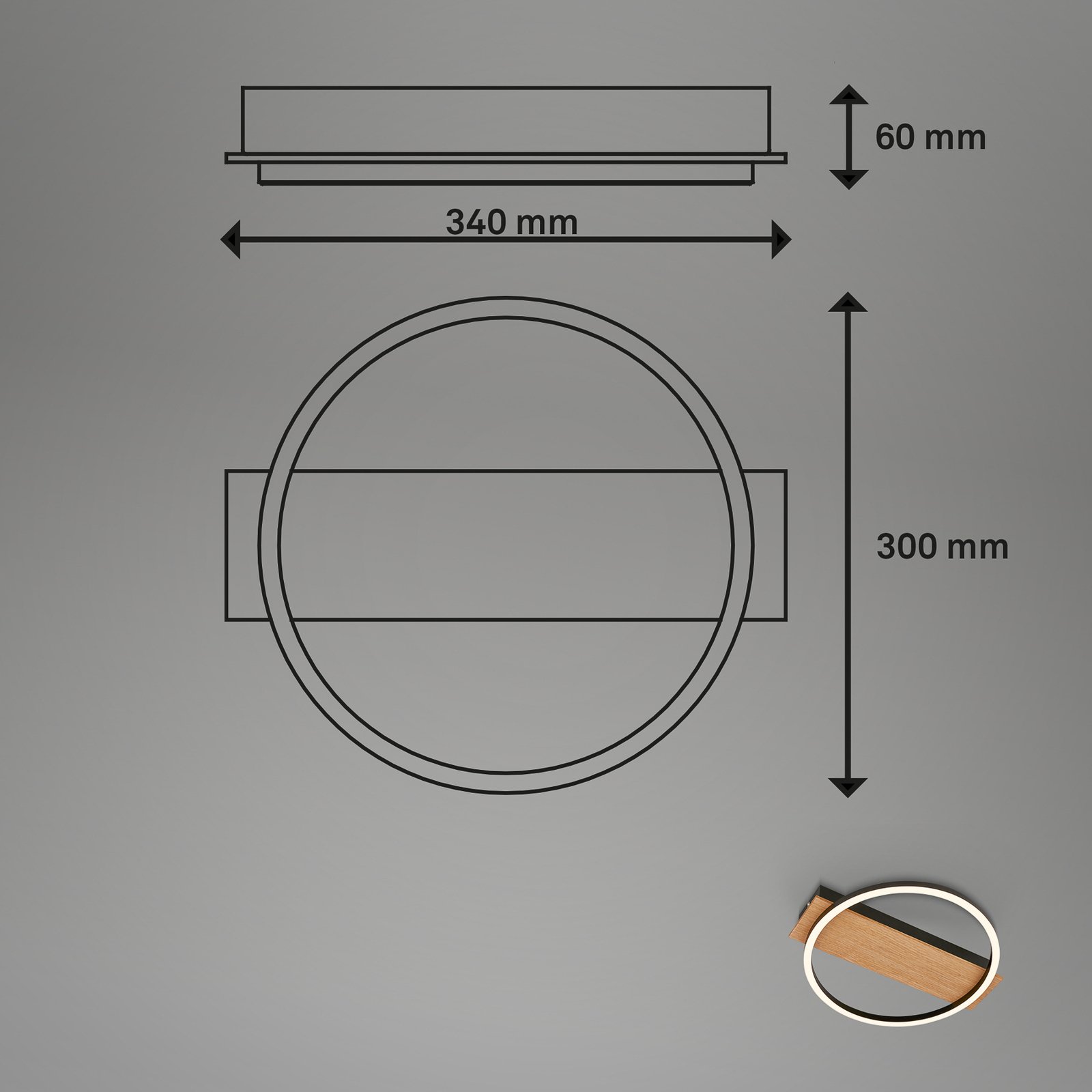 Kada LED stropna svetilka, Ø 30 cm, les, kovina, črna