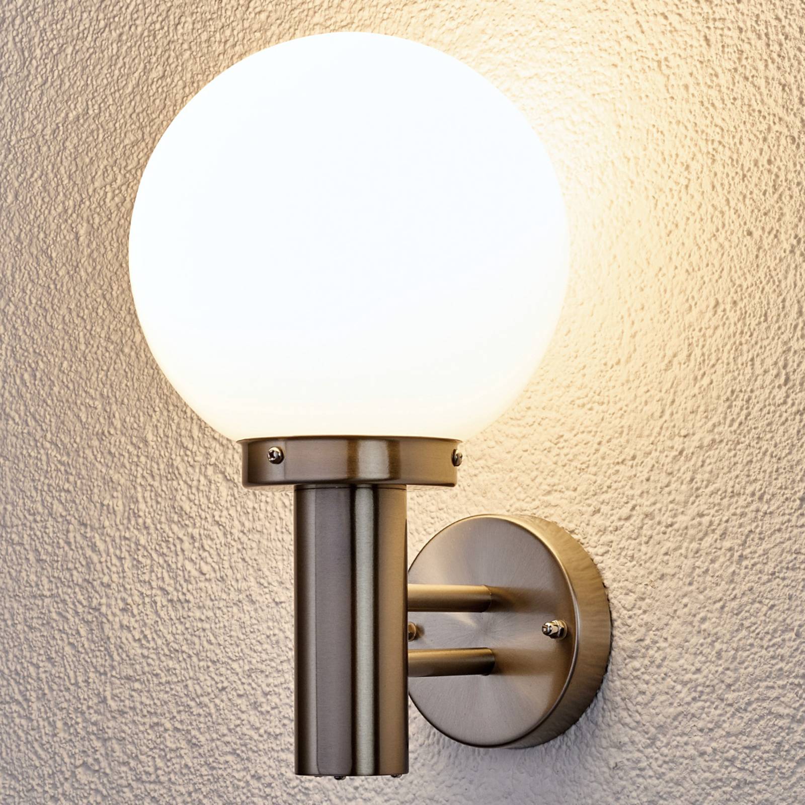 ELC Opivia outdoor wall lamp spherical lampshade, stainless steel, opal glass, E27, 60 W, W: 20 cm, H: 31.5 cm