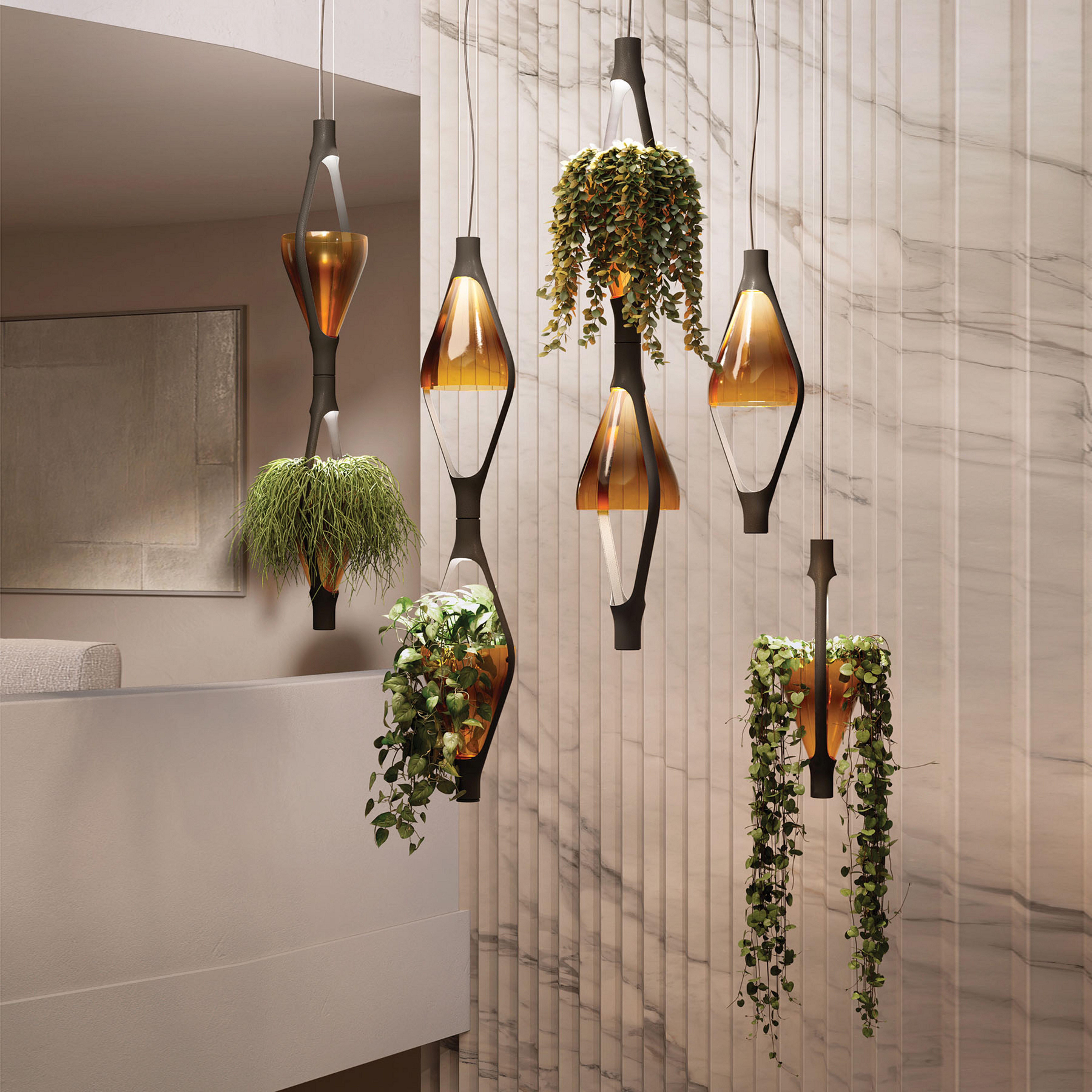 kdln LED-Hängelampe Viceversa, Glas amber, 2-flammig